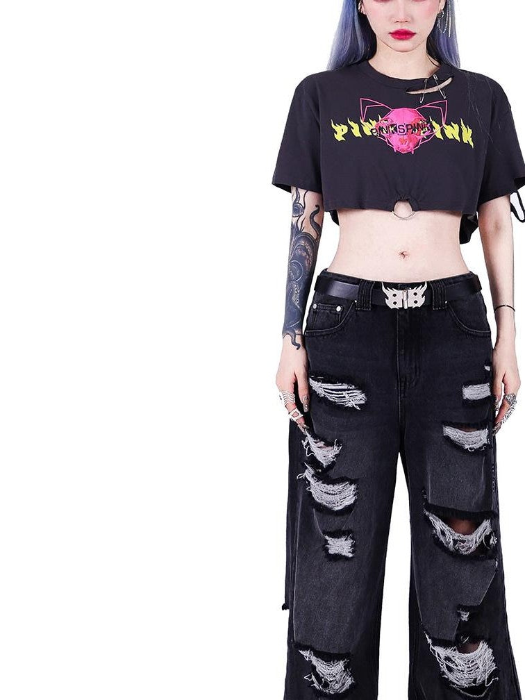 PINKSPINK Punk Distressed Asymmetric Skull Cat Print Waist Chain Women's Crop Tops