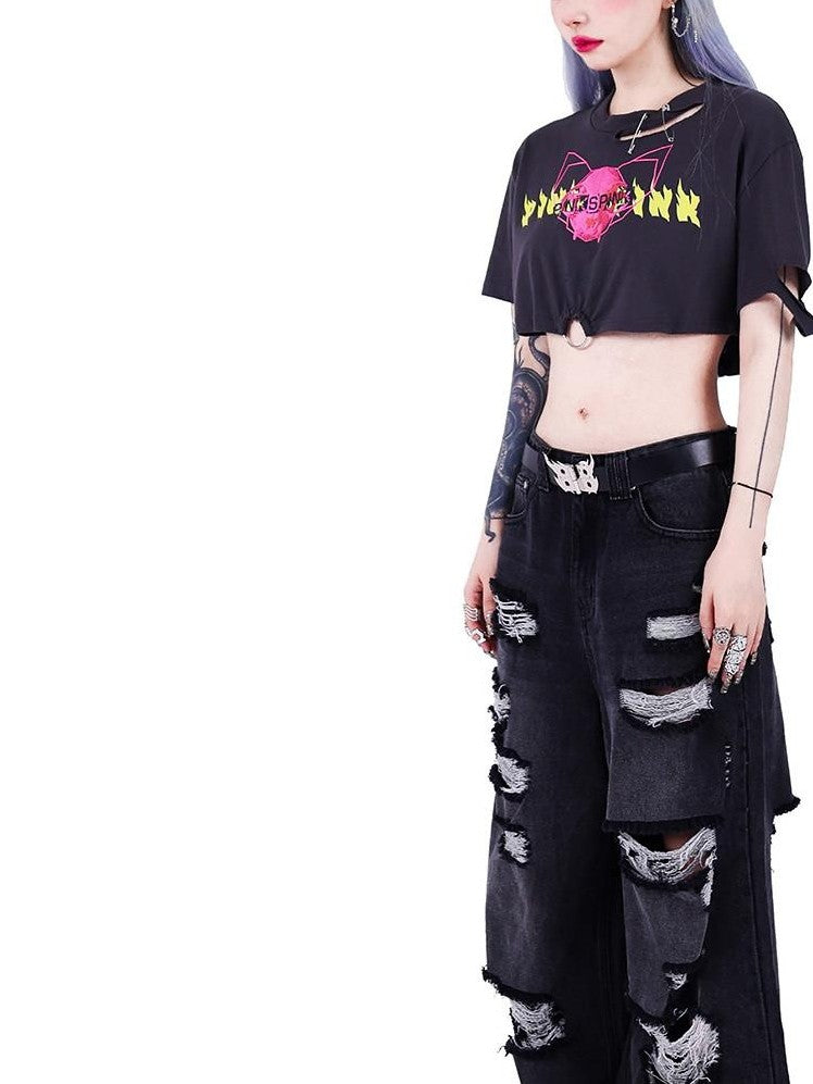 PINKSPINK Punk Distressed Asymmetric Skull Cat Print Waist Chain Women's Crop Tops
