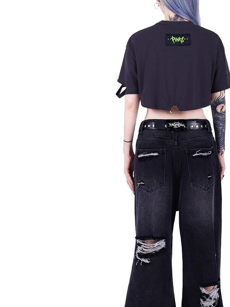 PINKSPINK Punk Distressed Asymmetric Skull Cat Print Waist Chain Women's Crop Tops