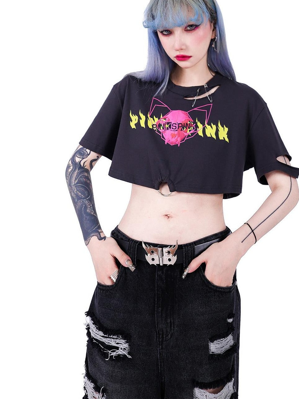 PINKSPINK Punk Distressed Asymmetric Skull Cat Print Waist Chain Women's Crop Tops