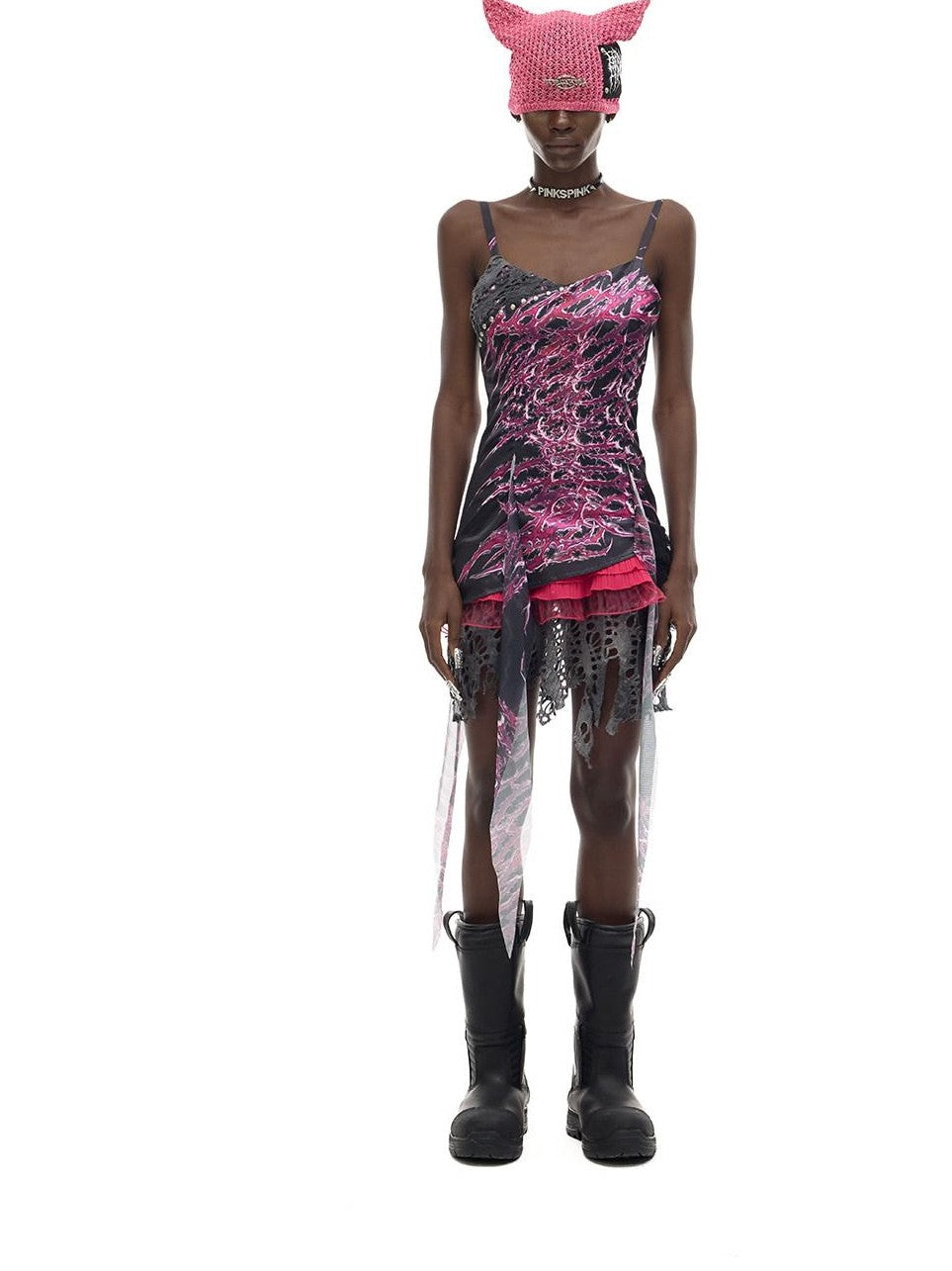 PINKSPINK Punk Patchwork Printed Strappy V-neck A Line Women's Elastane Slip Mini Dresses