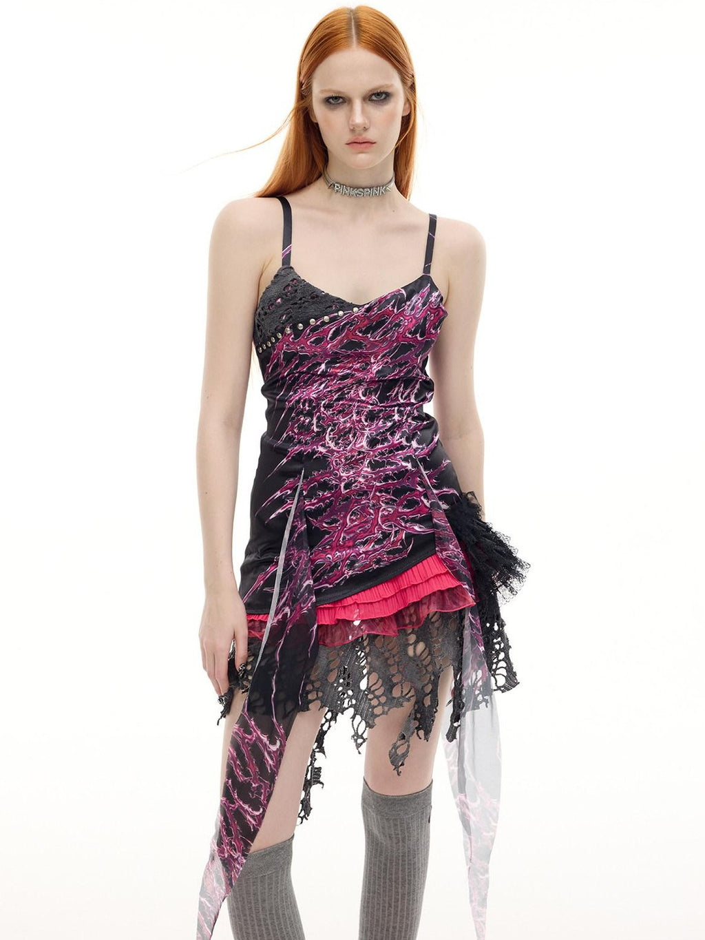 PINKSPINK Punk Patchwork Printed Strappy V-neck A Line Women's Elastane Slip Mini Dresses
