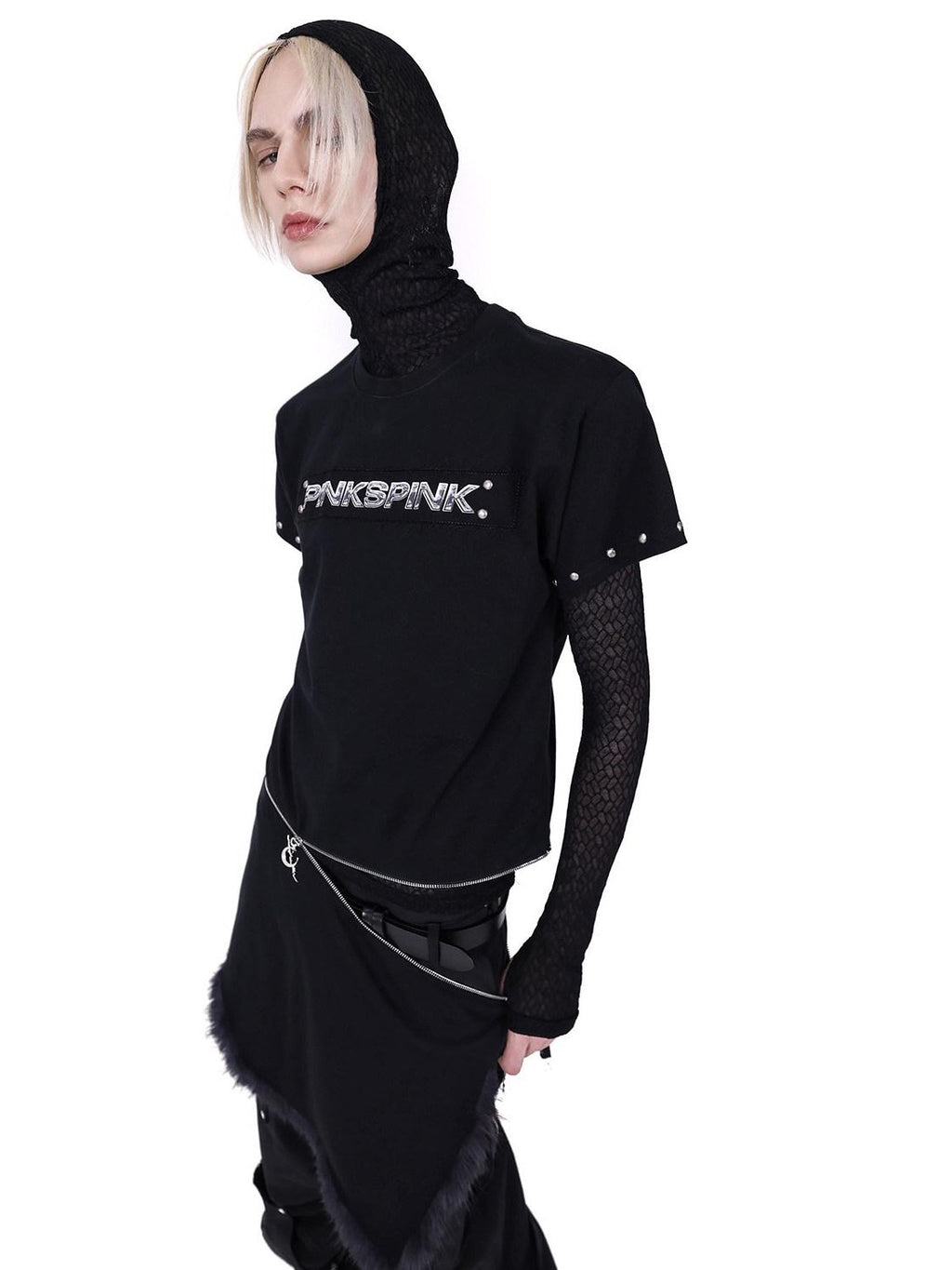PINKSPINK Punk Rivet Zipper Split Patchwork Print Women's Mesh Short Sleeve T-shirts