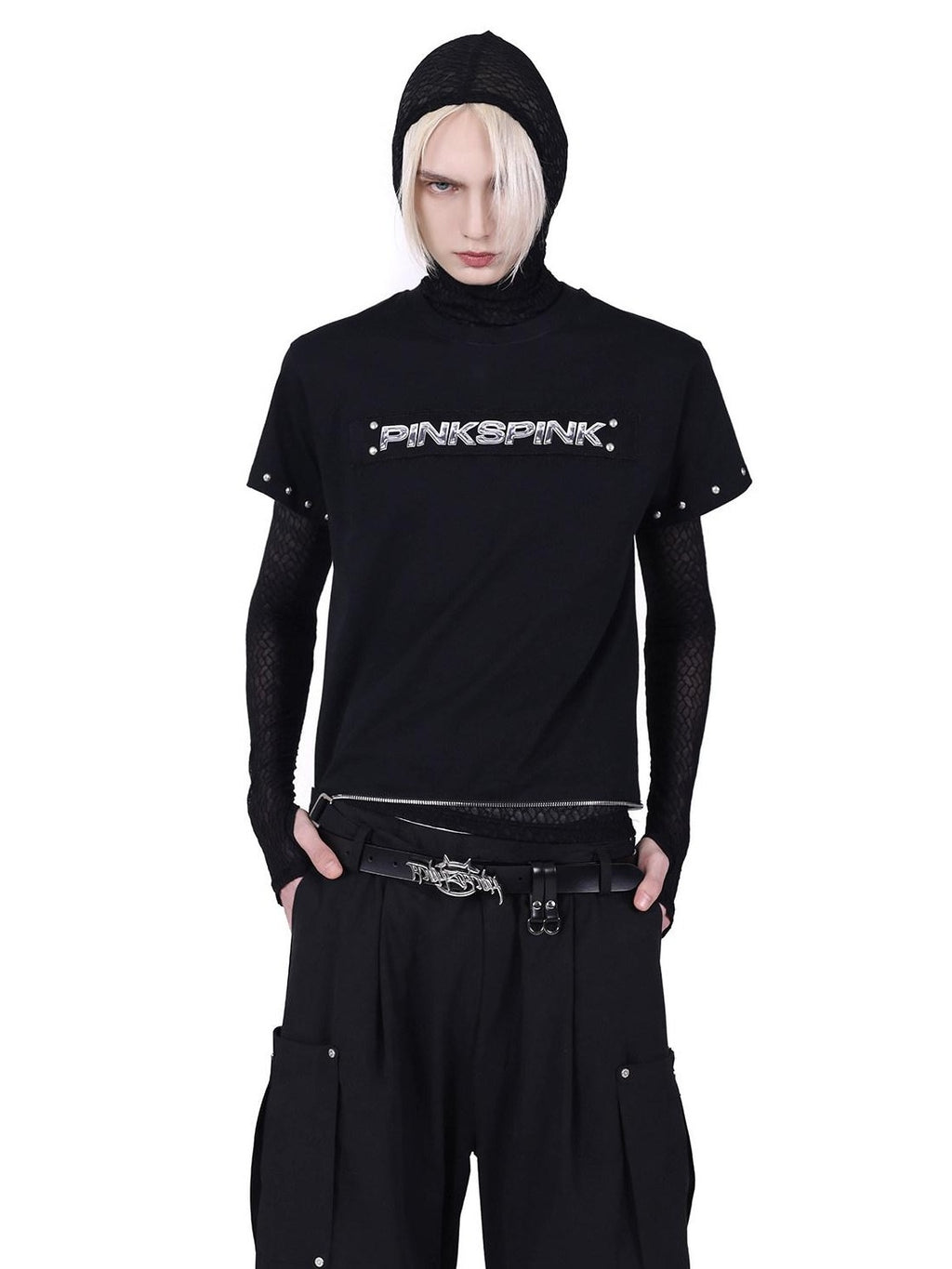 PINKSPINK Punk Rivet Zipper Split Patchwork Print Women's Mesh Short Sleeve T-shirts