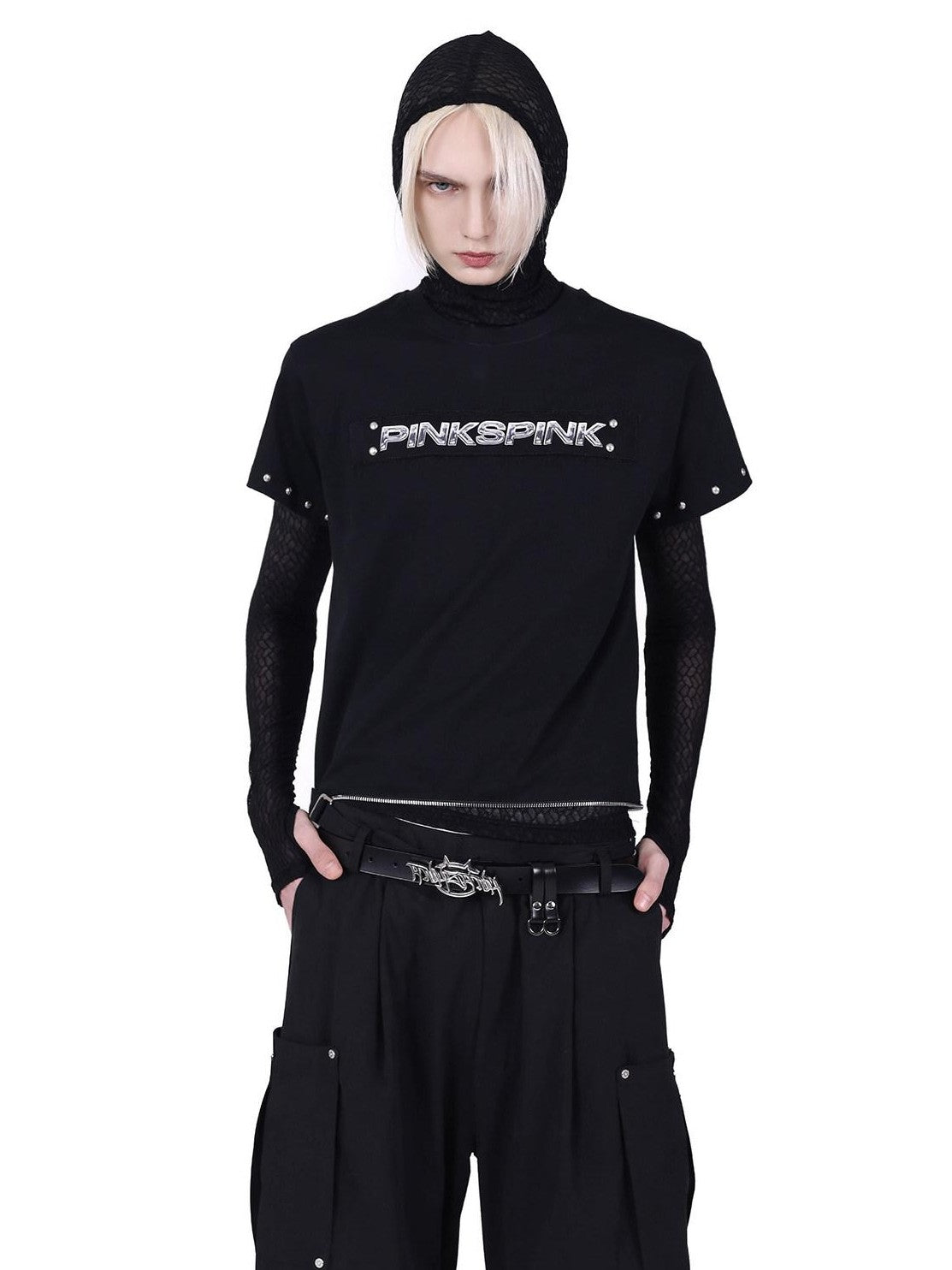 PINKSPINK Punk Rivet Zipper Split Patchwork Print Women's Mesh Short Sleeve T-shirts