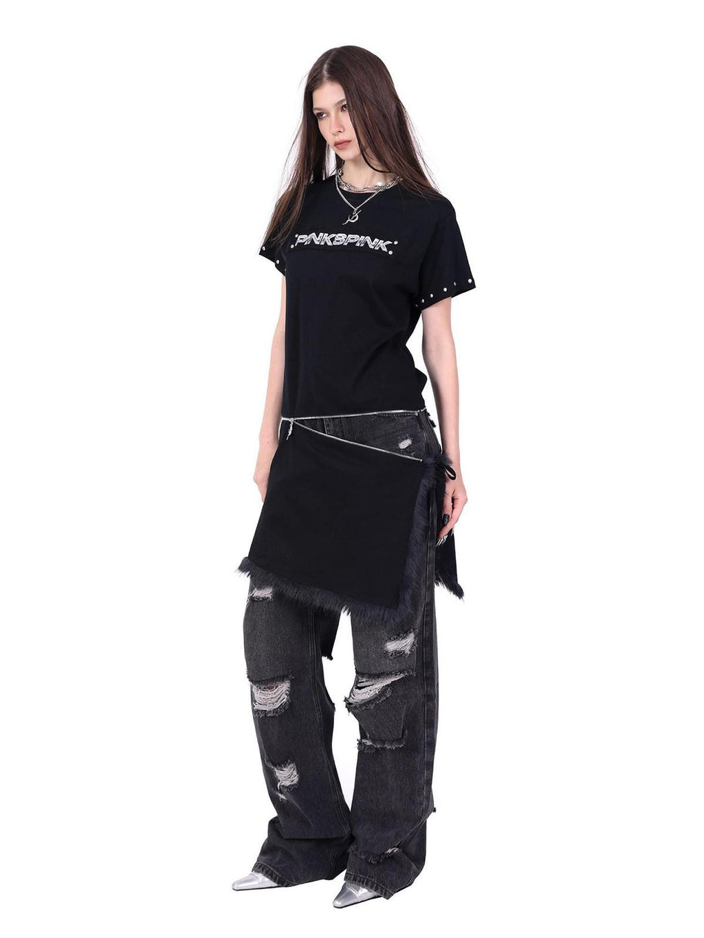 PINKSPINK Punk Rivet Zipper Split Patchwork Print Women's Mesh Short Sleeve T-shirts