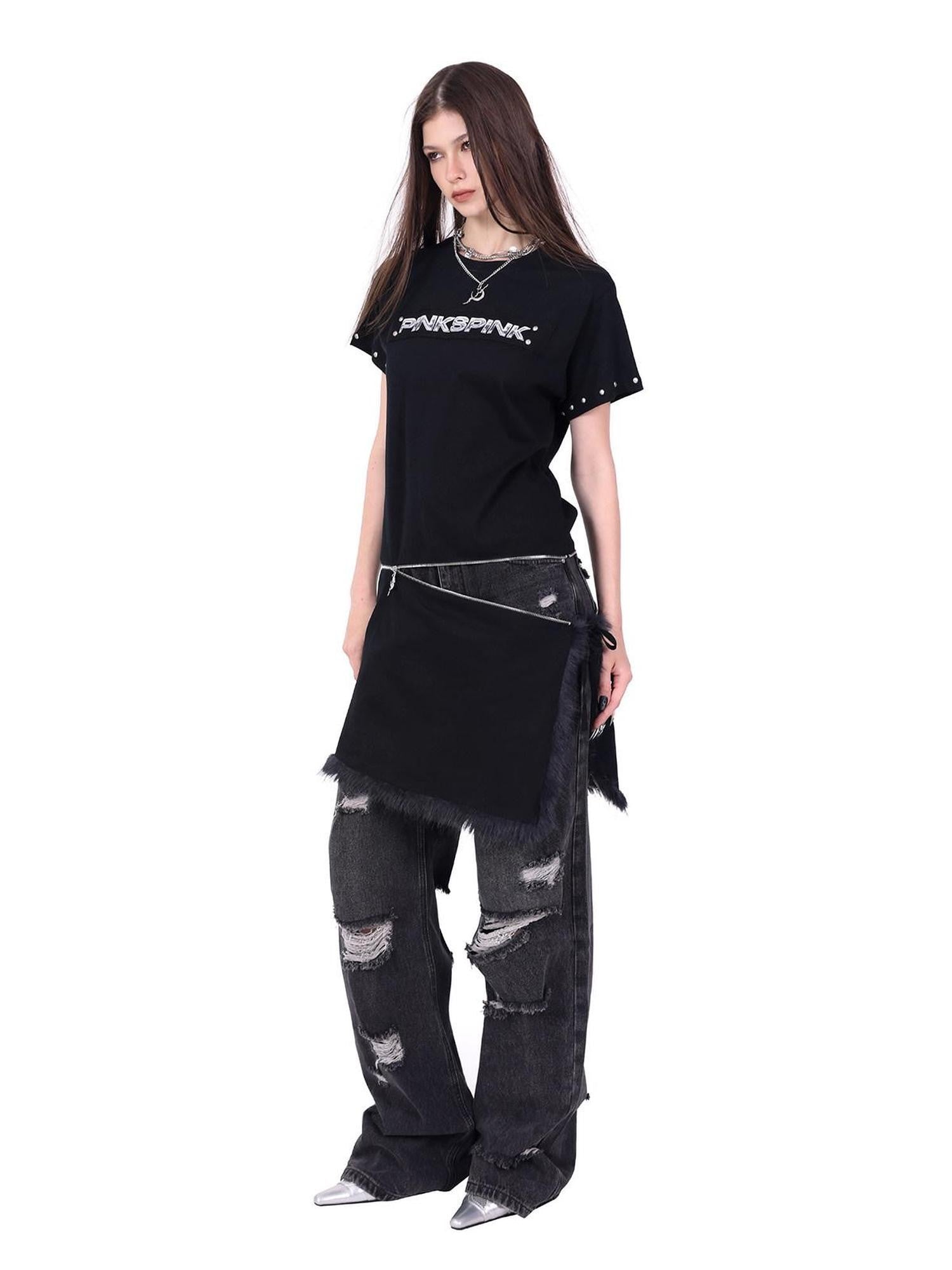 PINKSPINK Punk Rivet Zipper Split Patchwork Print Women's Mesh Short Sleeve T-shirts