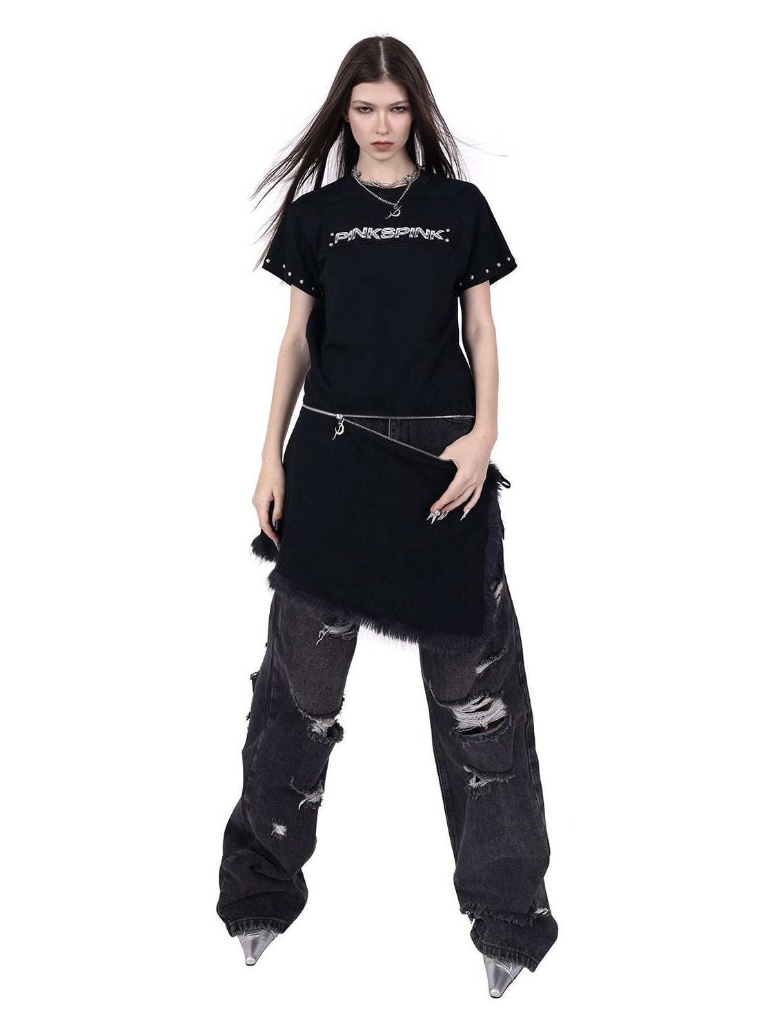 PINKSPINK Punk Rivet Zipper Split Patchwork Print Women's Mesh Short Sleeve T-shirts