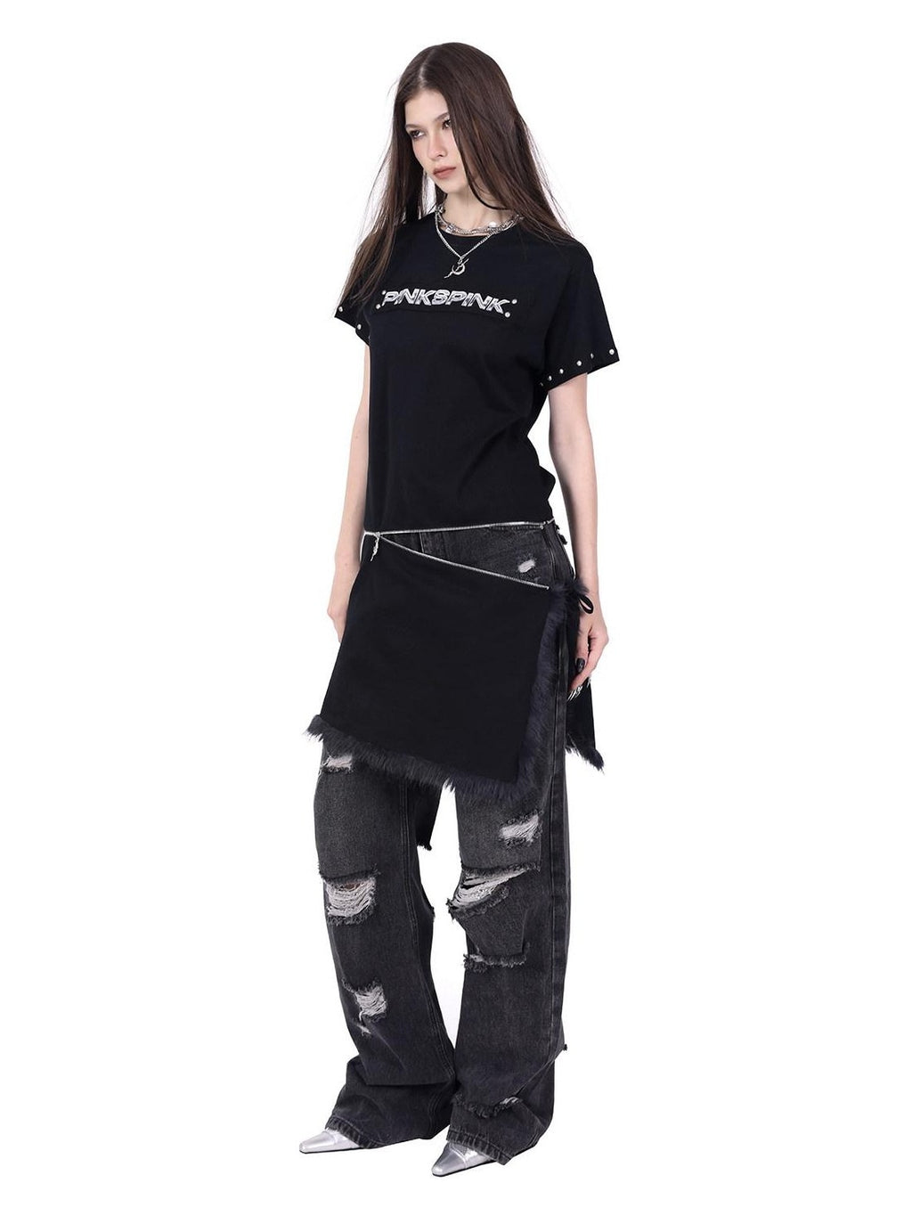 PINKSPINK Punk Rivet Zipper Split Patchwork Print Women's Mesh Short Sleeve T-shirts