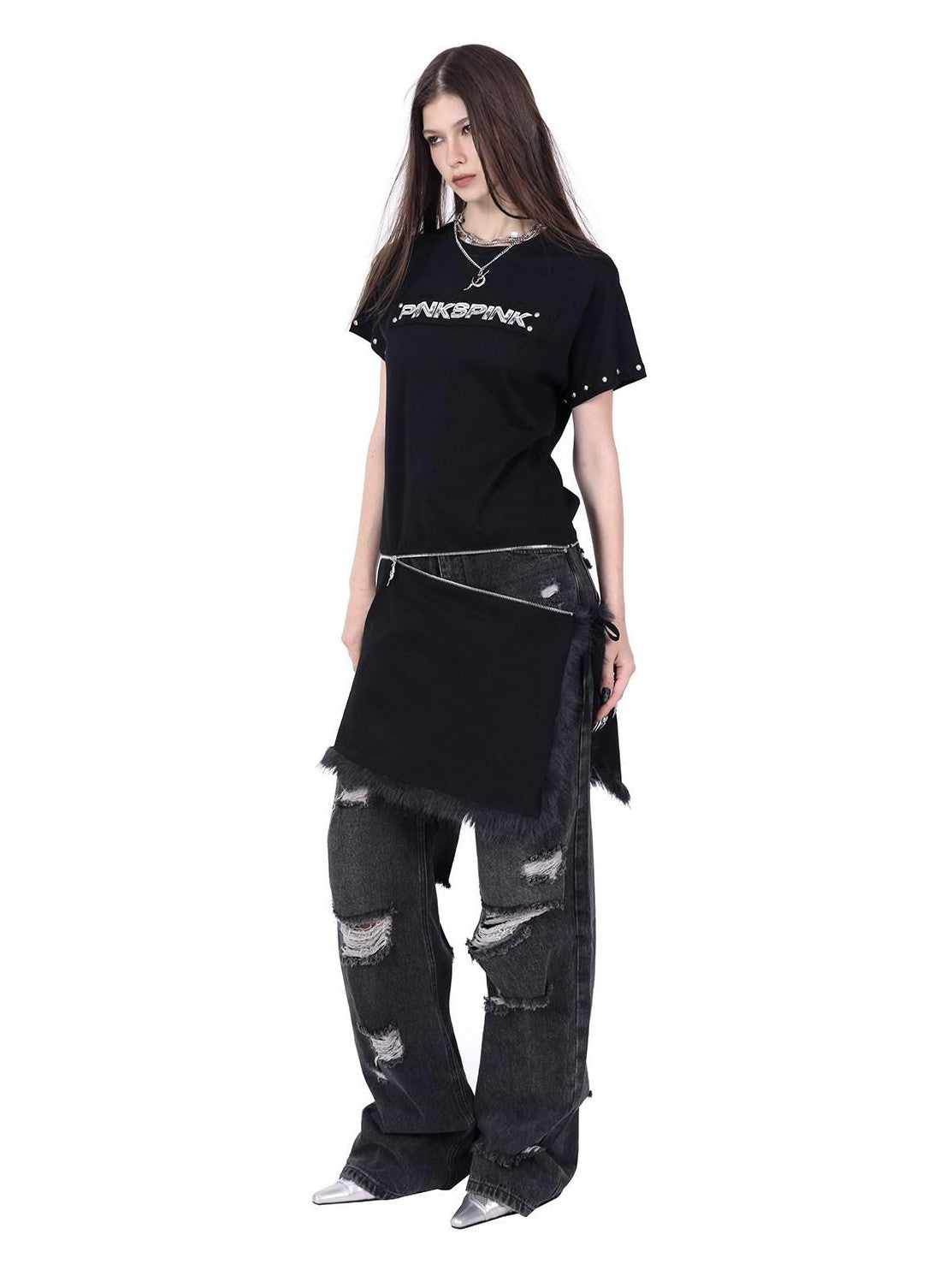 PINKSPINK Punk Rivet Zipper Split Patchwork Print Women's Mesh Short Sleeve T-shirts