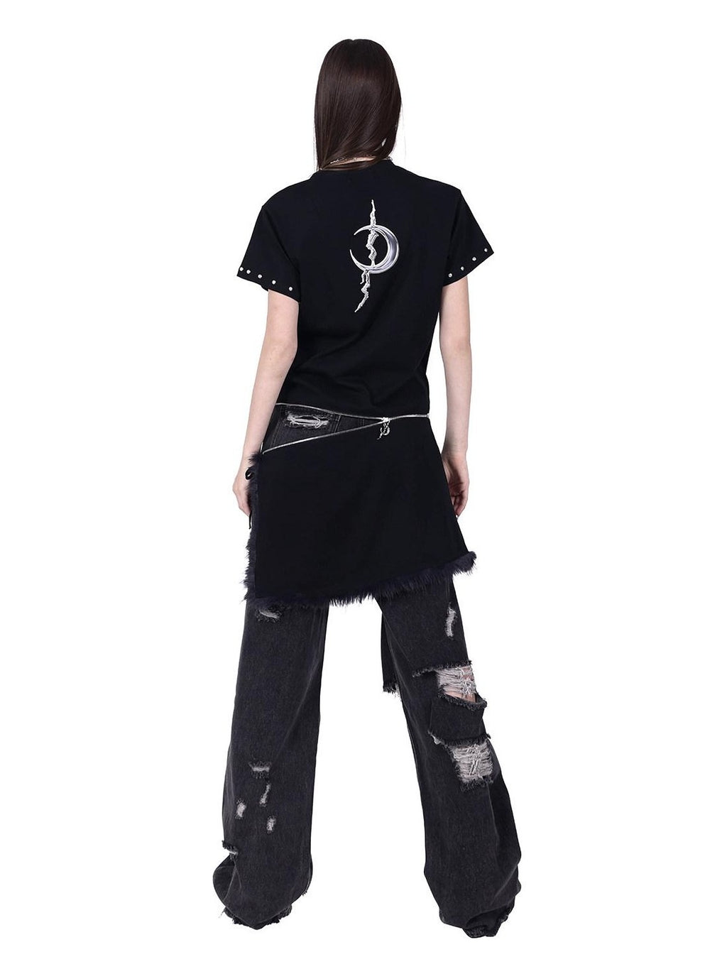 PINKSPINK Punk Rivet Zipper Split Patchwork Print Women's Mesh Short Sleeve T-shirts