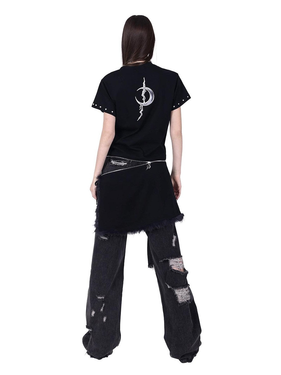PINKSPINK Punk Rivet Zipper Split Patchwork Print Women's Mesh Short Sleeve T-shirts