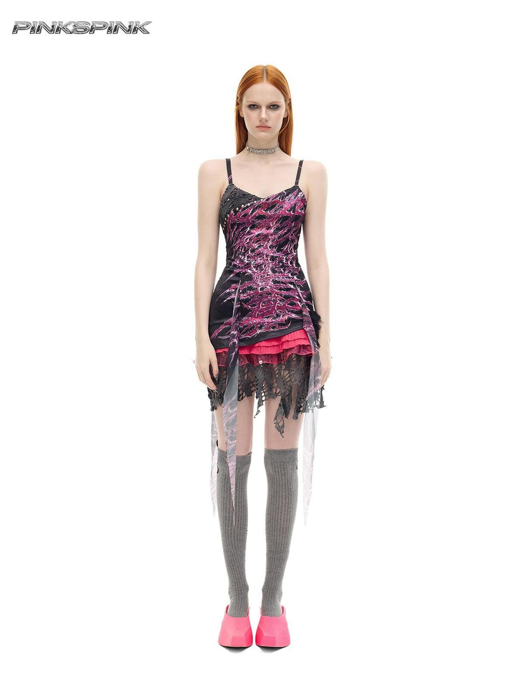 PINKSPINK Punk Rock Patchwork Printed Strappy A Line Women's Elastane Slip Mini Dresses