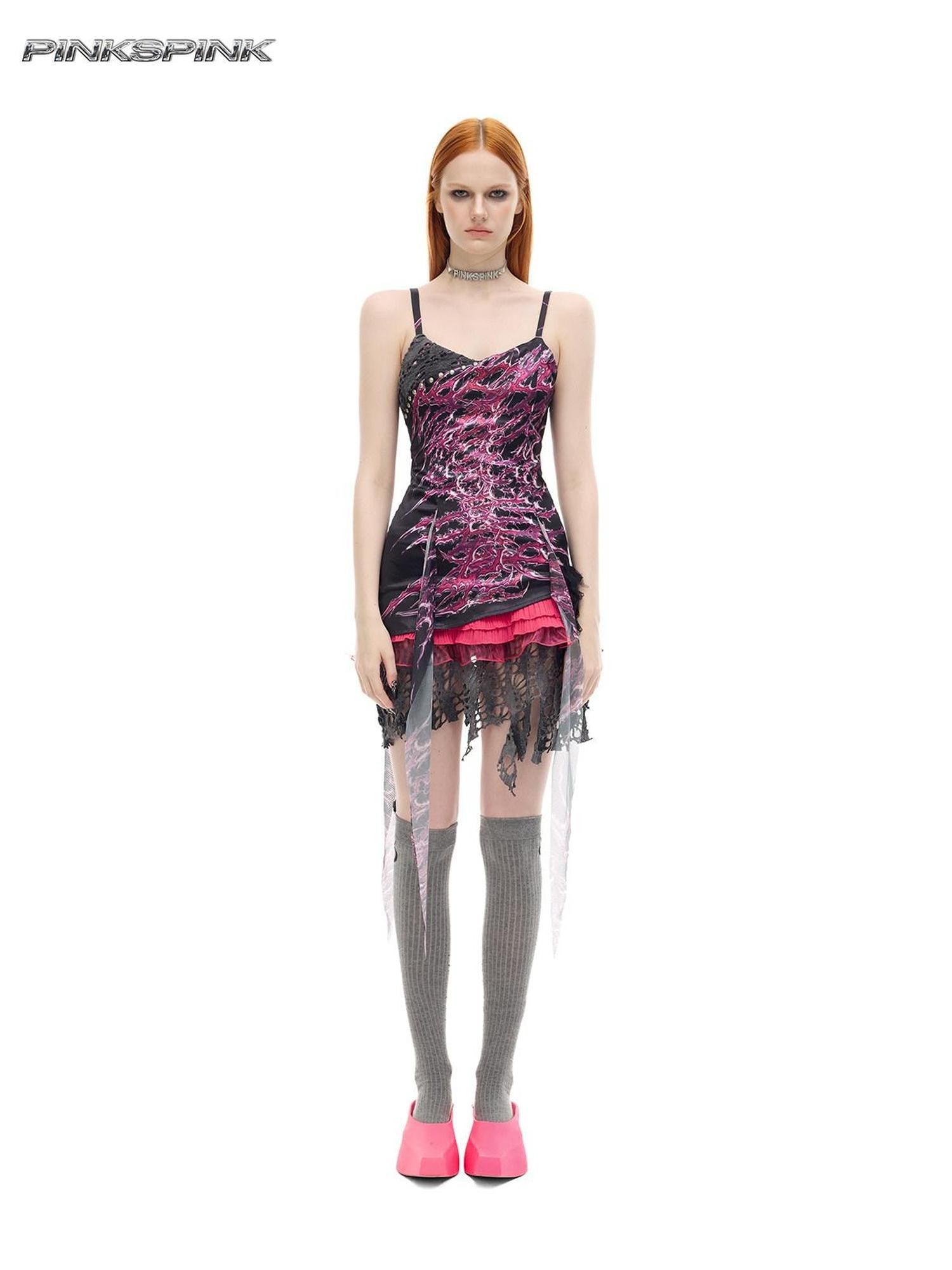 PINKSPINK Punk Rock Patchwork Printed Strappy A Line Women's Elastane Slip Mini Dresses