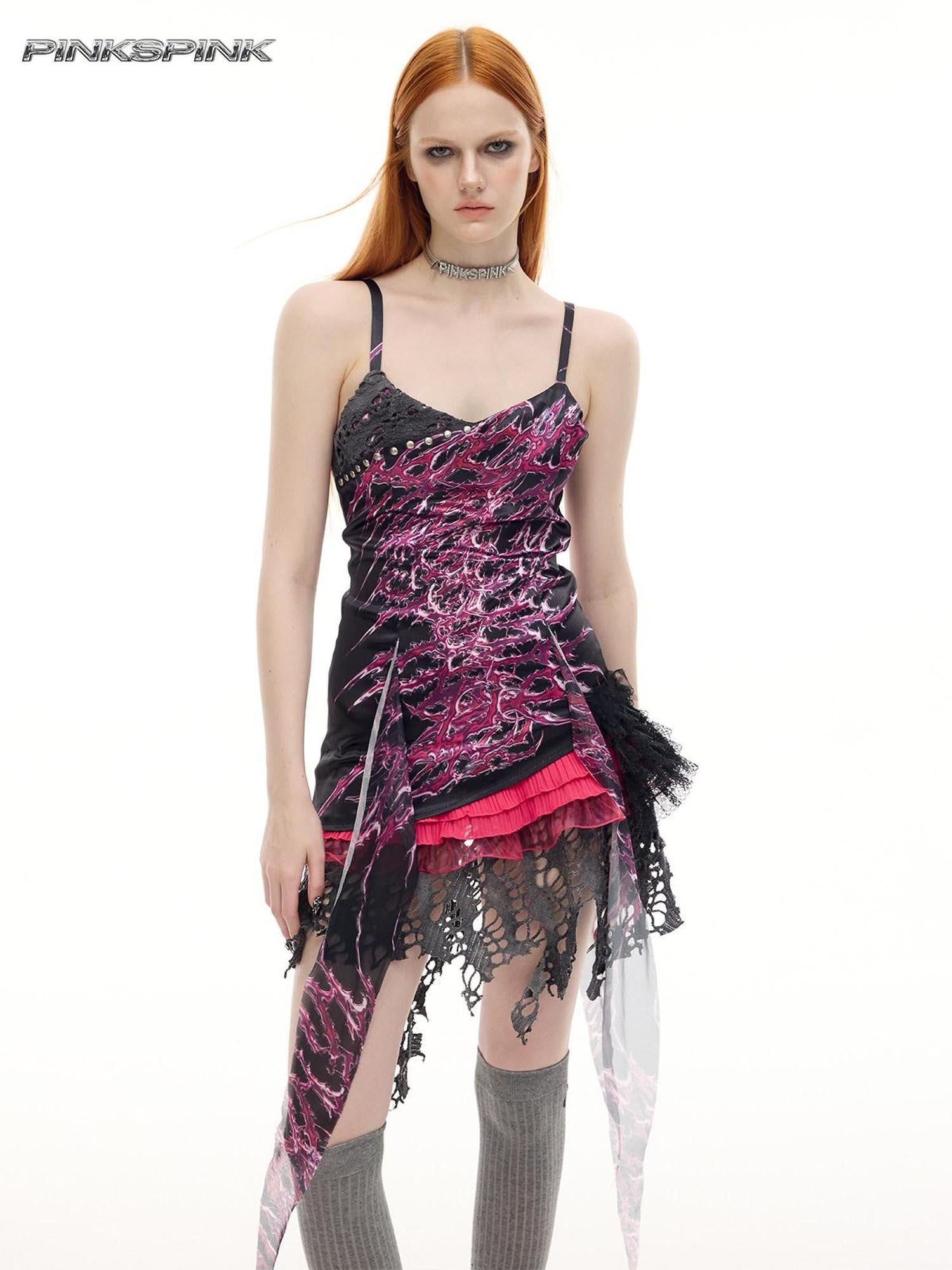PINKSPINK Punk Rock Patchwork Printed Strappy A Line Women's Elastane Slip Mini Dresses