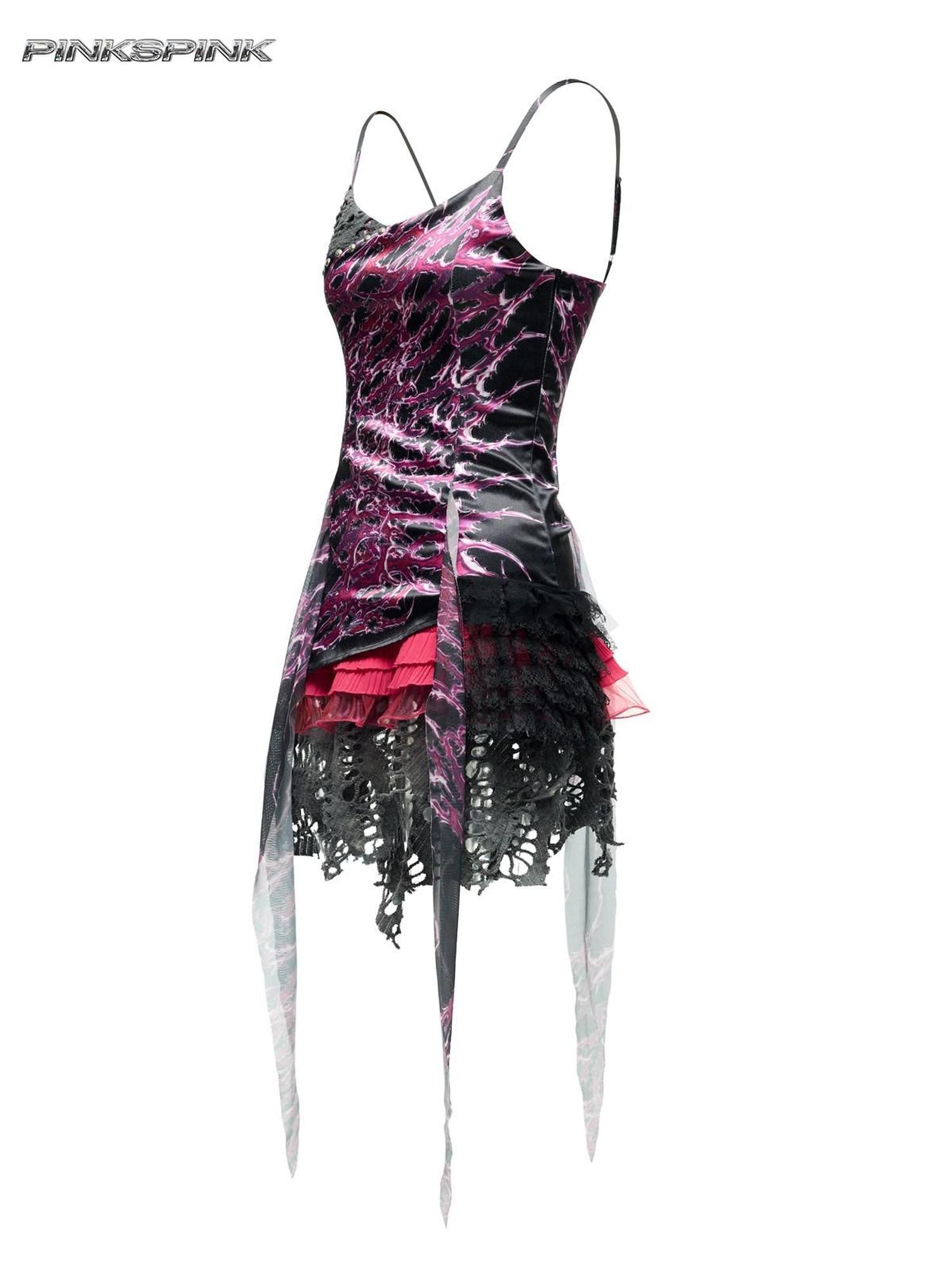 PINKSPINK Punk Rock Patchwork Printed Strappy A Line Women's Elastane Slip Mini Dresses