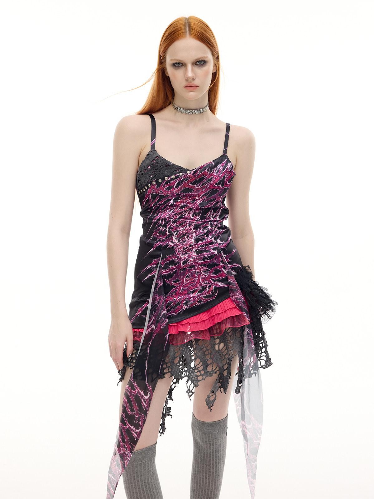 PINKSPINK Punk Rock Patchwork Printed Strappy A Line Women's Elastane Slip Mini Dresses