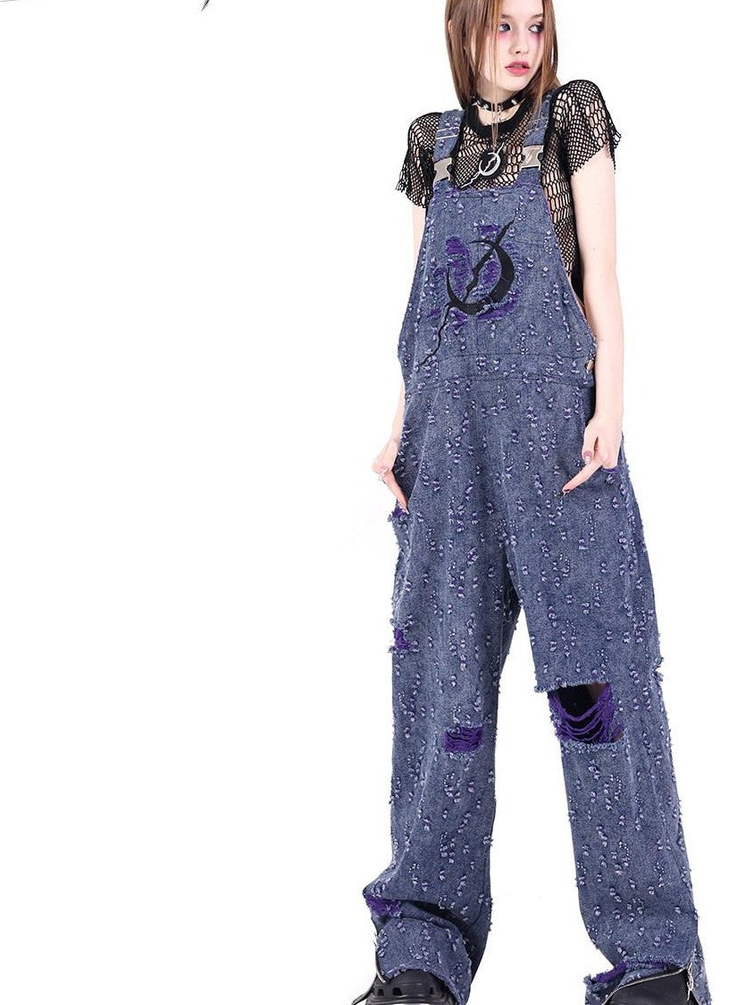 PINKSPINK Purple Blue Distressed Irregular Y2k Cargo Suspender Women's Cotton Ripped Jeans