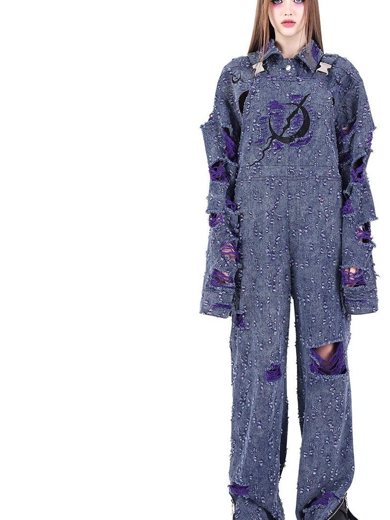 PINKSPINK Purple Blue Distressed Irregular Y2k Cargo Suspender Women's Cotton Ripped Jeans