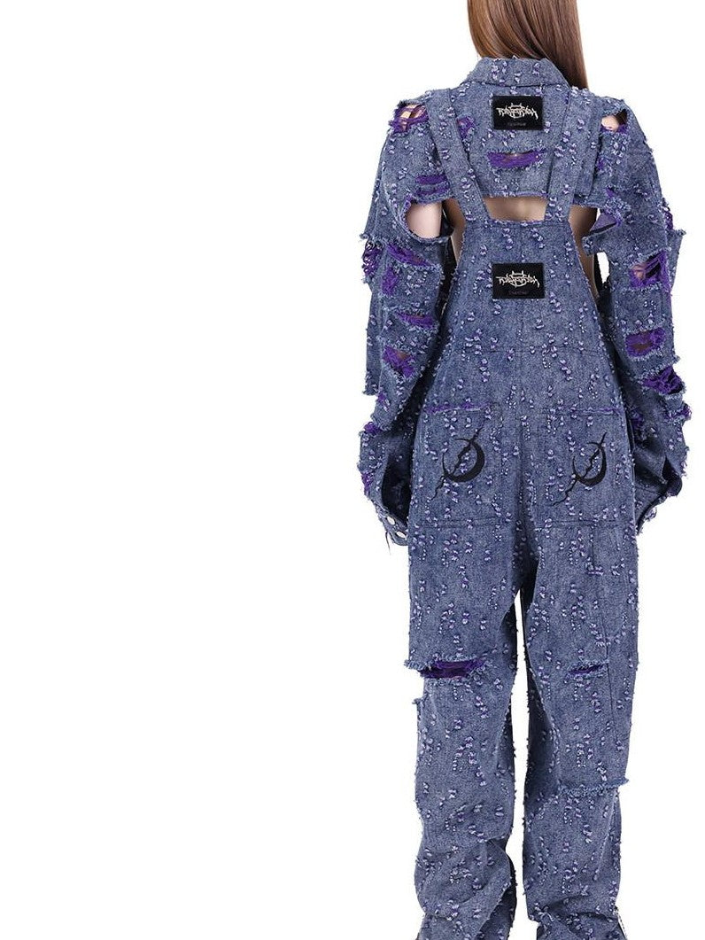 PINKSPINK Purple Blue Distressed Irregular Y2k Cargo Suspender Women's Cotton Ripped Jeans