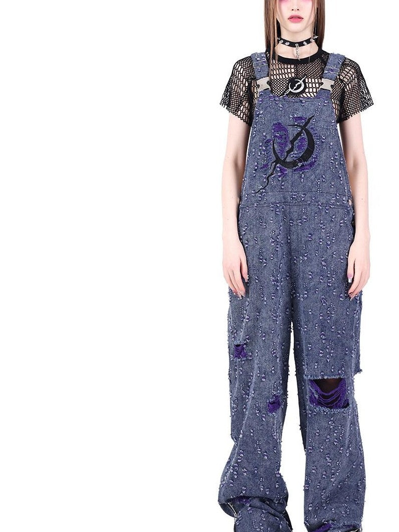 PINKSPINK Purple Blue Distressed Irregular Y2k Cargo Suspender Women's Cotton Ripped Jeans