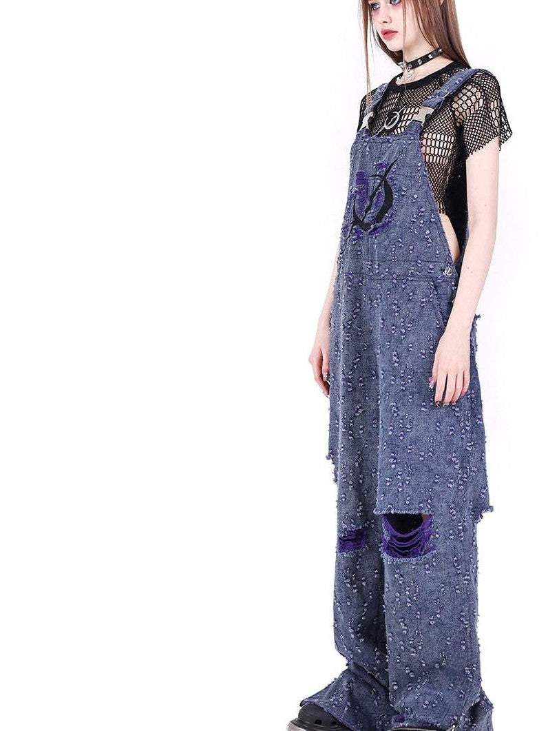 PINKSPINK Purple Blue Distressed Irregular Y2k Cargo Suspender Women's Cotton Ripped Jeans