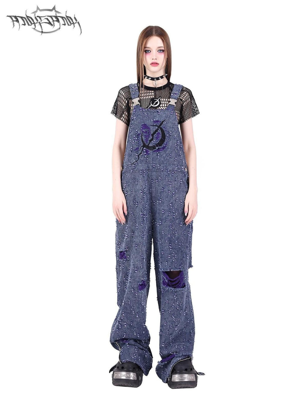 PINKSPINK Purple Blue Irregular Distressed Cargo Women's Cotton Blend Ripped Jeans