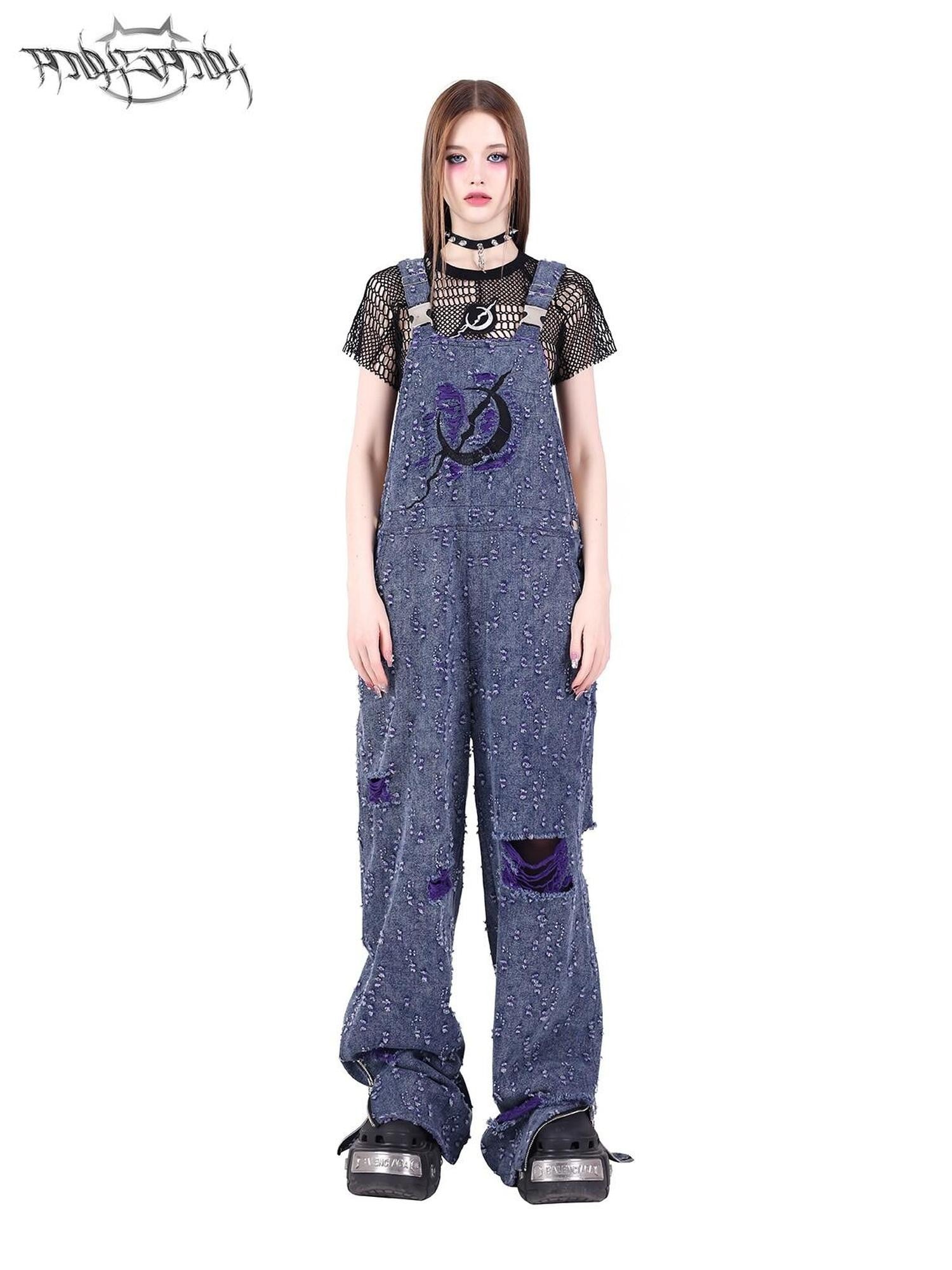 PINKSPINK Purple Blue Irregular Distressed Cargo Women's Cotton Blend Ripped Jeans