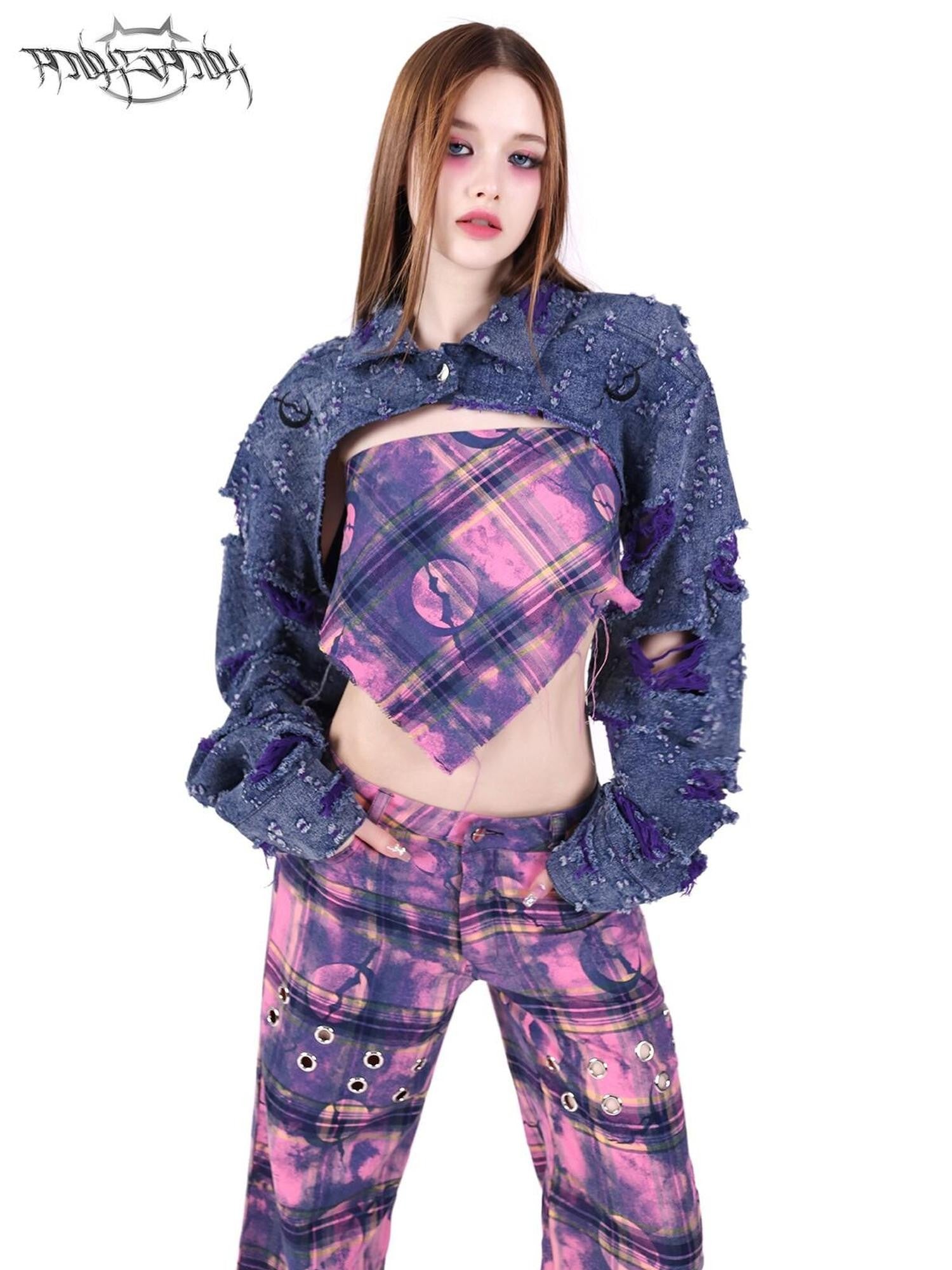 PINKSPINK Purple Blue Irregular Ripped Embroidered Women's Cotton Cropped Jackets