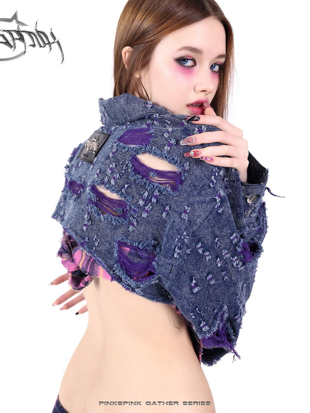 PINKSPINK Purple Blue Irregular Ripped Embroidered Women's Cotton Cropped Jackets