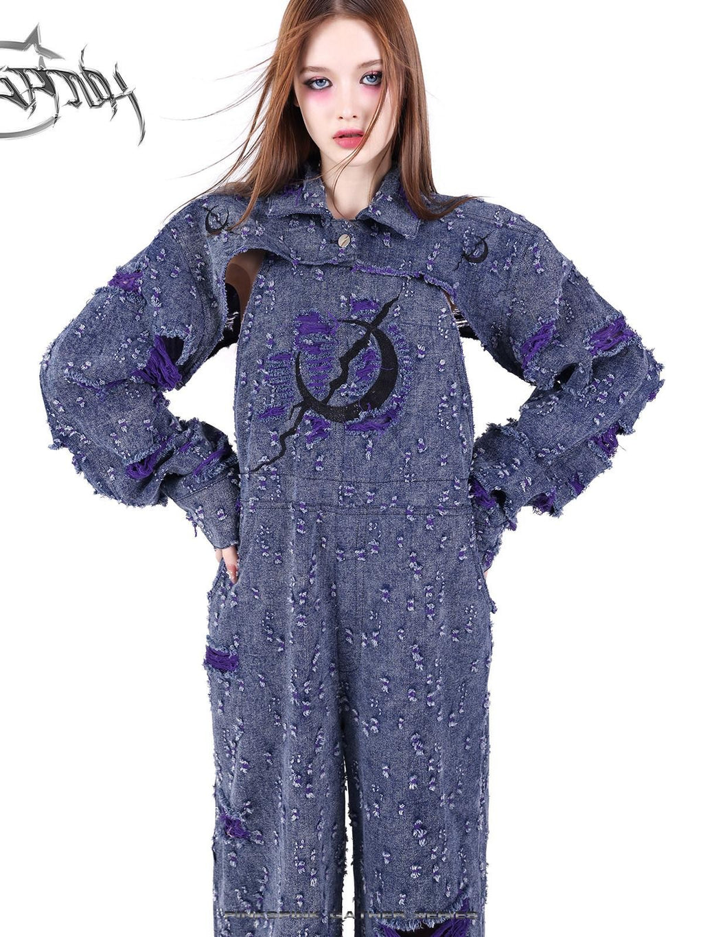 PINKSPINK Purple Blue Irregular Ripped Embroidered Women's Cotton Cropped Jackets