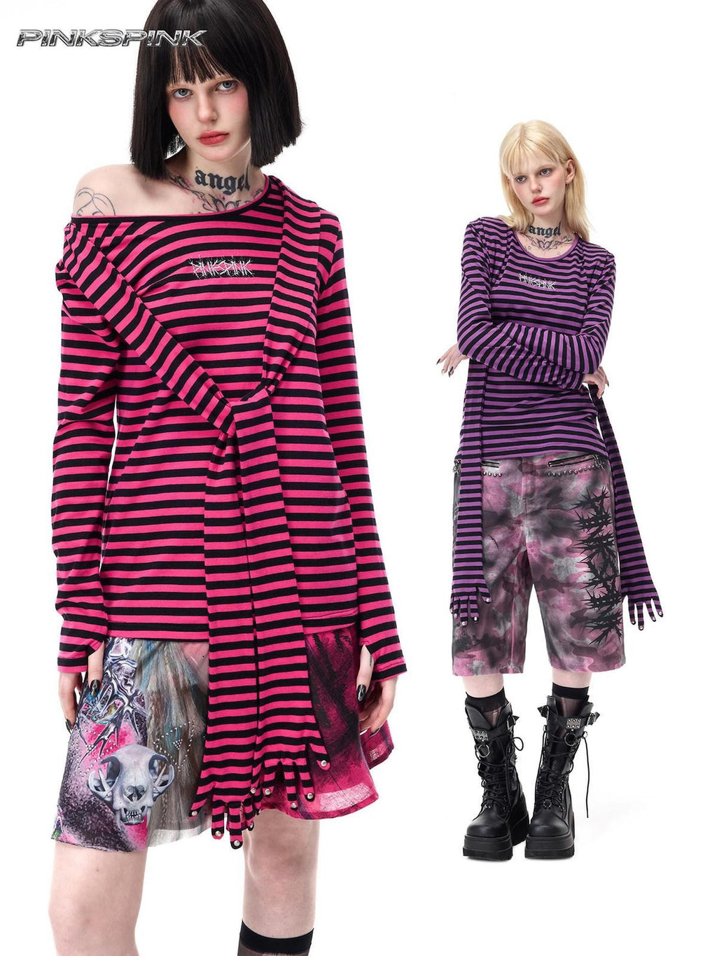 PINKSPINK Purple Pink Striped Studded Slim Fit Women's Cotton Long Sleeve T-shirts