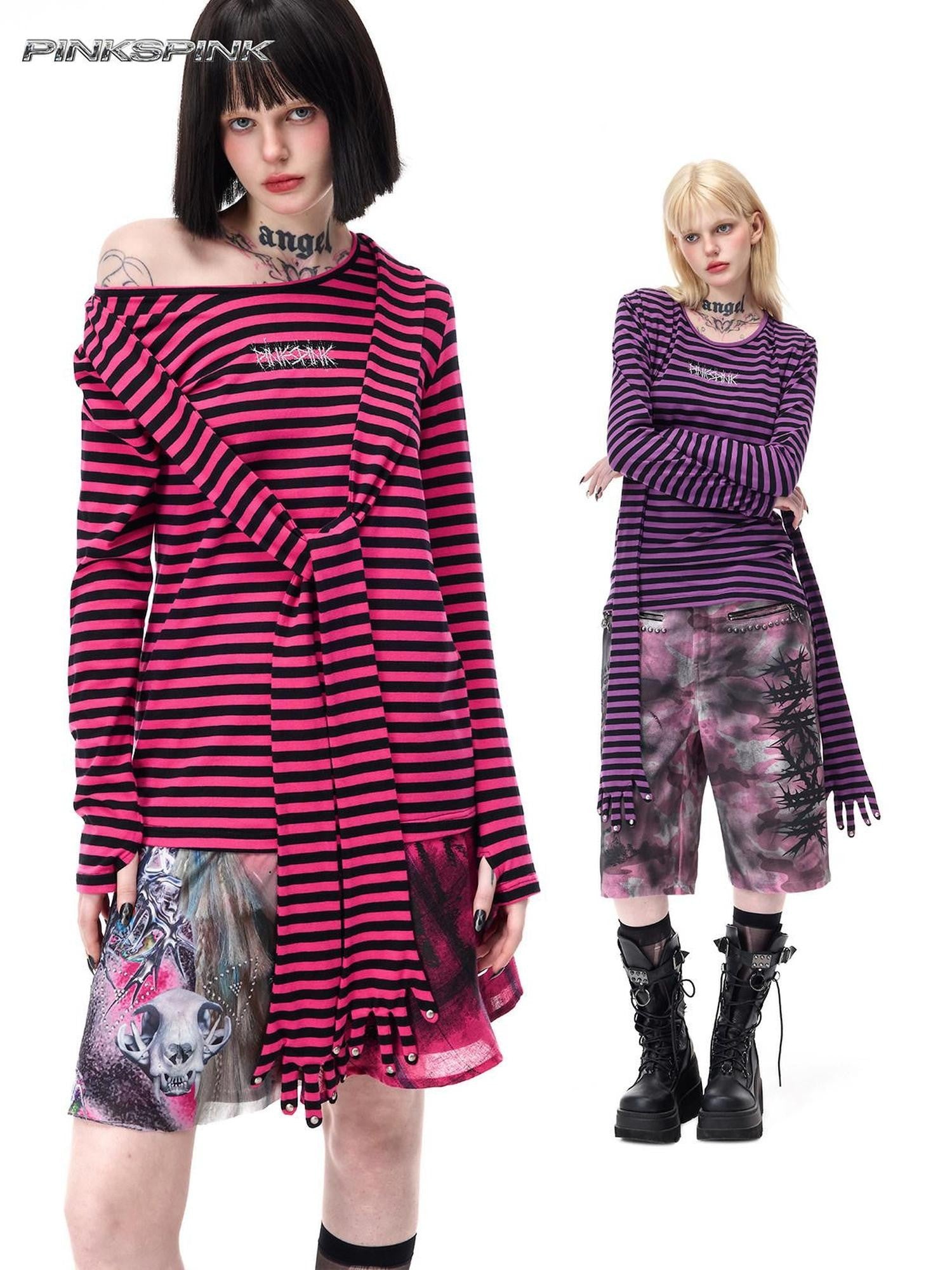 PINKSPINK Purple Pink Striped Studded Slim Fit Women's Cotton Long Sleeve T-shirts