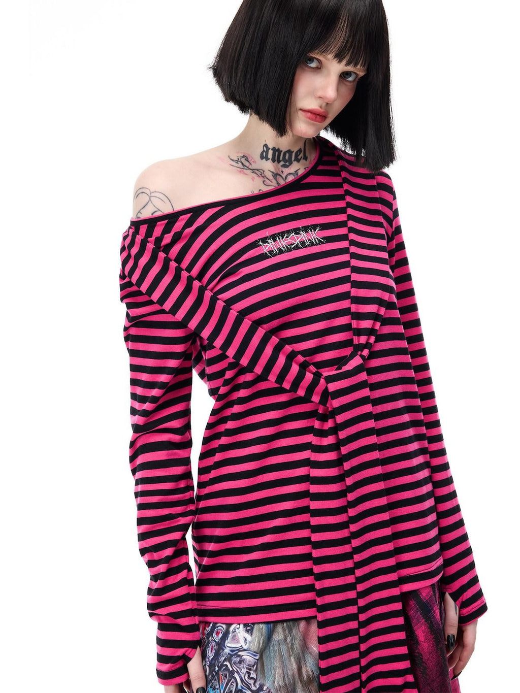 PINKSPINK Purple Pink Striped Studded Slim Fit Women's Cotton Long Sleeve T-shirts