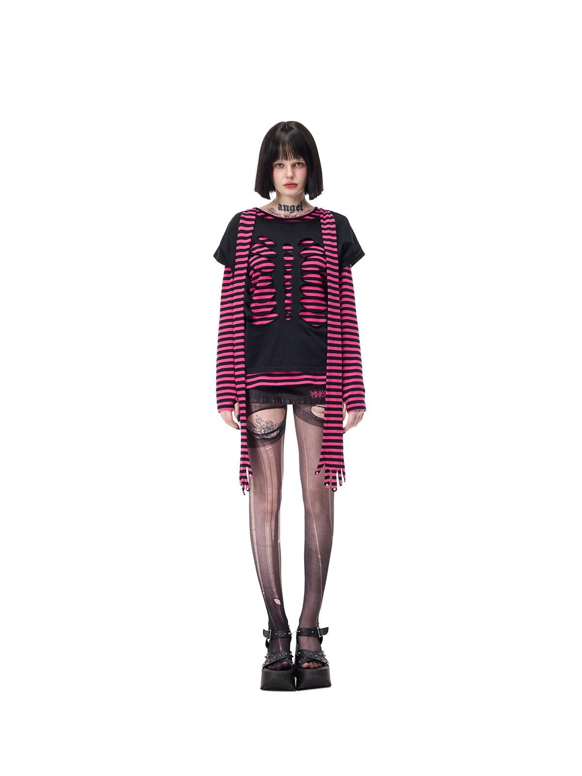 PINKSPINK Purple Pink Striped Studded Slim Fit Women's Cotton Long Sleeve T-shirts
