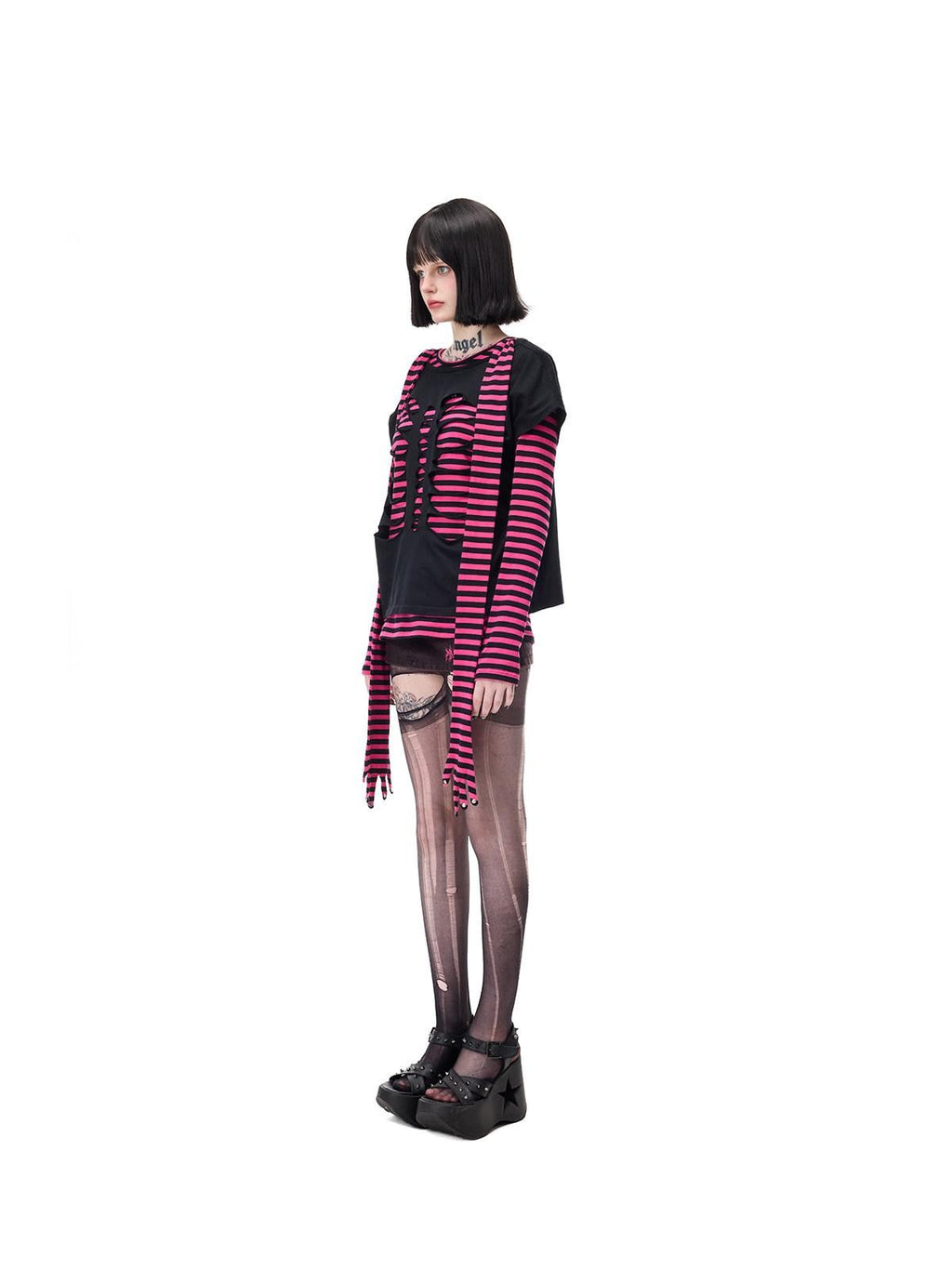 PINKSPINK Purple Pink Striped Studded Slim Fit Women's Cotton Long Sleeve T-shirts