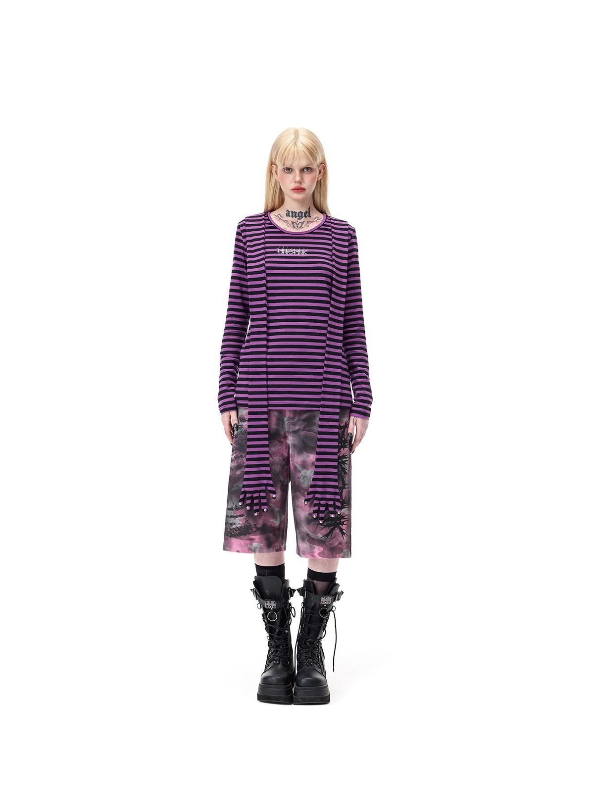 PINKSPINK Purple Pink Striped Studded Slim Fit Women's Cotton Long Sleeve T-shirts