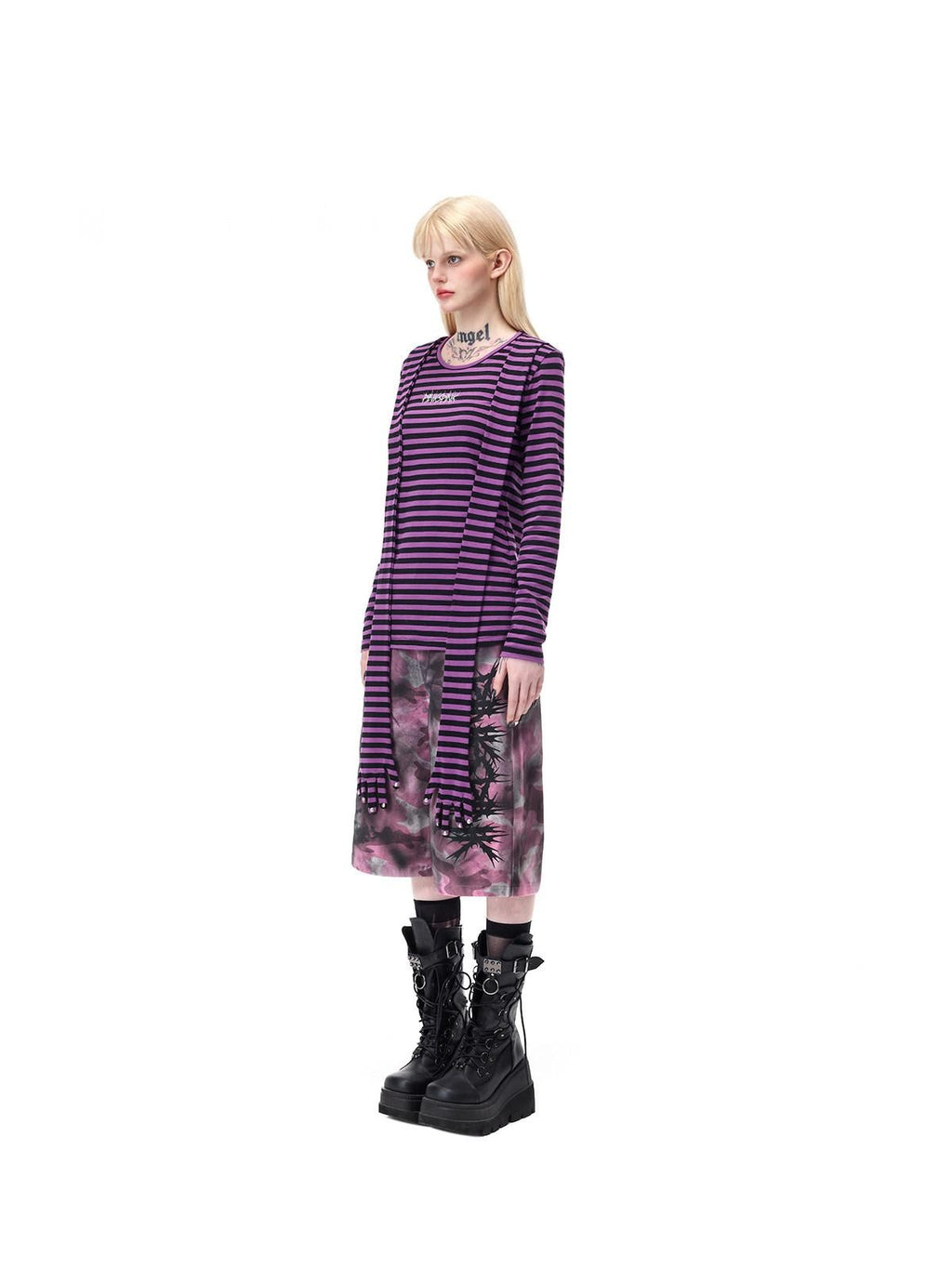 PINKSPINK Purple Pink Striped Studded Slim Fit Women's Cotton Long Sleeve T-shirts