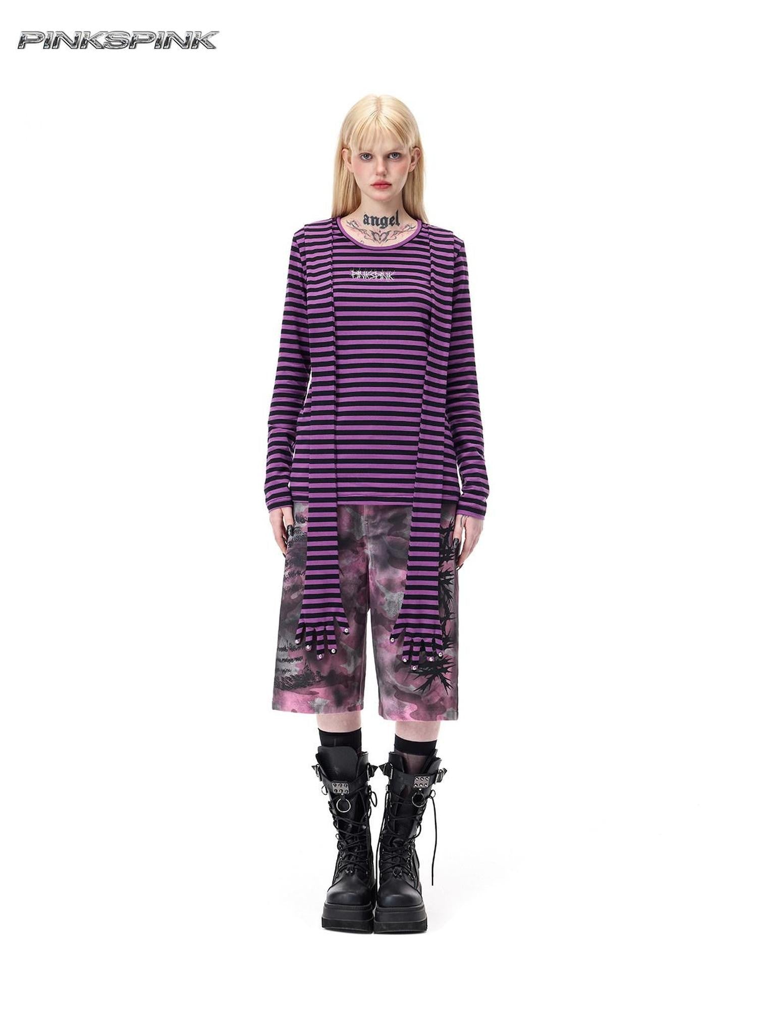 PINKSPINK Purple Pink Striped Studded Slim Fit Women's Cotton Long Sleeve T-shirts