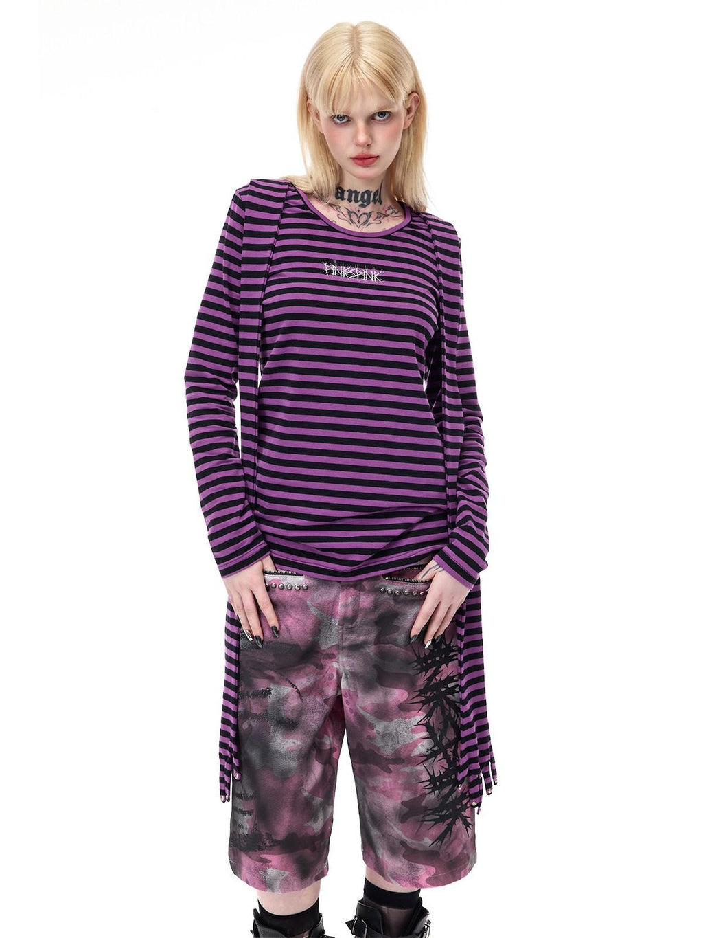 PINKSPINK Purple Pink Striped Studded Slim Fit Women's Cotton Long Sleeve T-shirts