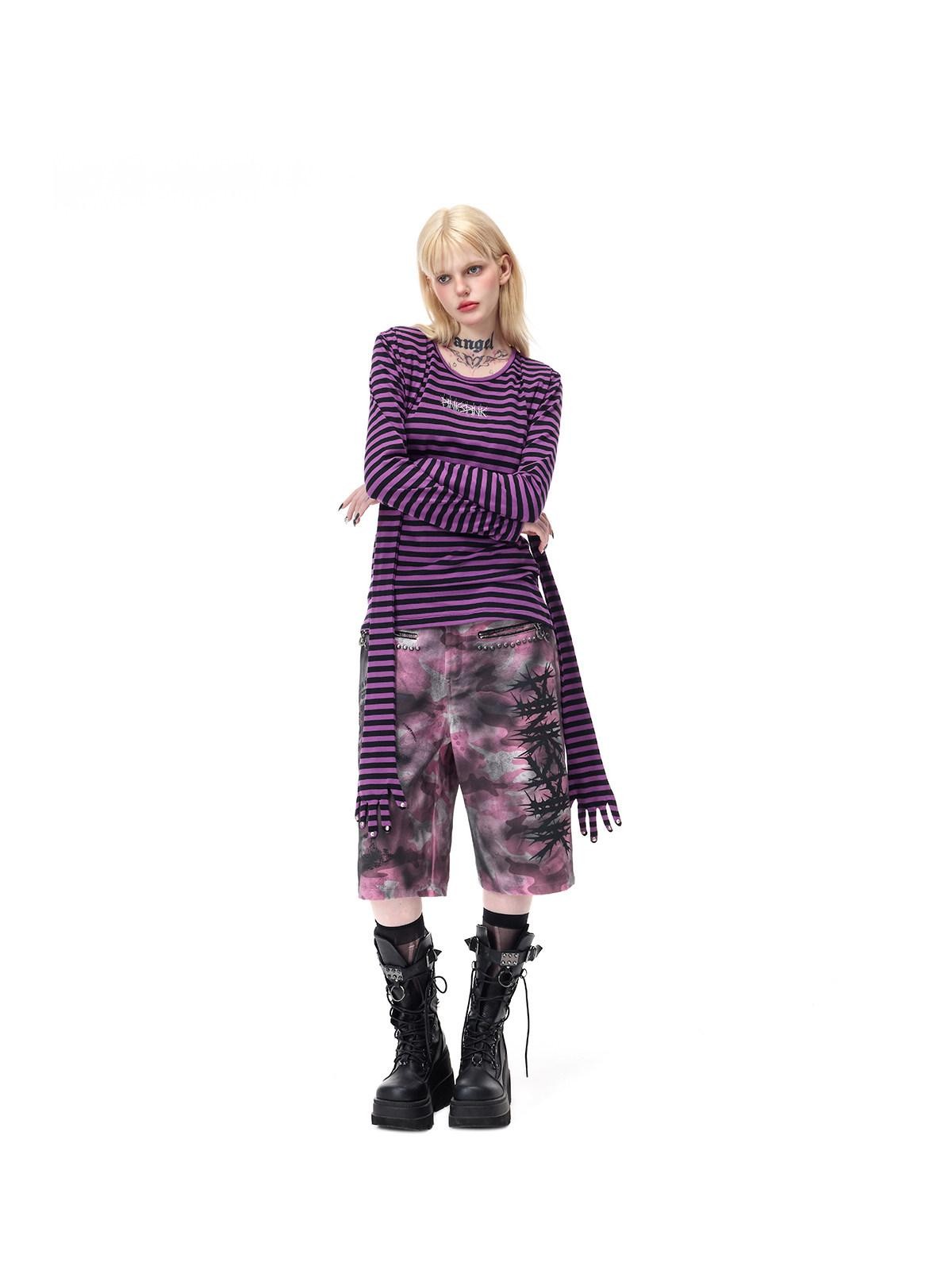 PINKSPINK Purple Pink Striped Studded Slim Fit Women's Cotton Long Sleeve T-shirts