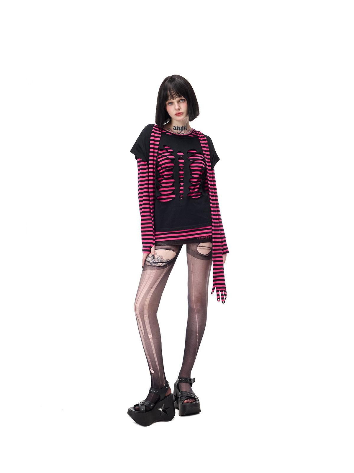 PINKSPINK Purple Pink Striped Studded Slim Fit Women's Cotton Long Sleeve T-shirts