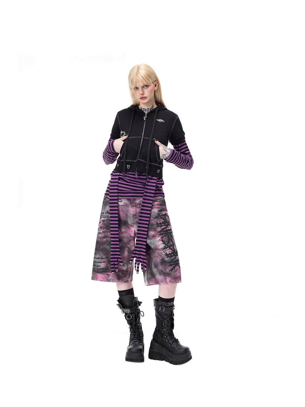 PINKSPINK Purple Pink Striped Studded Slim Fit Women's Cotton Long Sleeve T-shirts