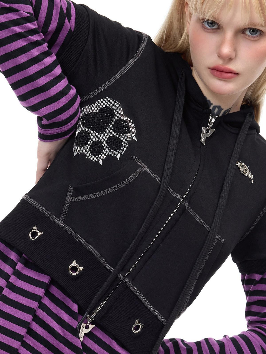 PINKSPINK Purple Pink Striped Studded Slim Fit Women's Cotton Long Sleeve T-shirts