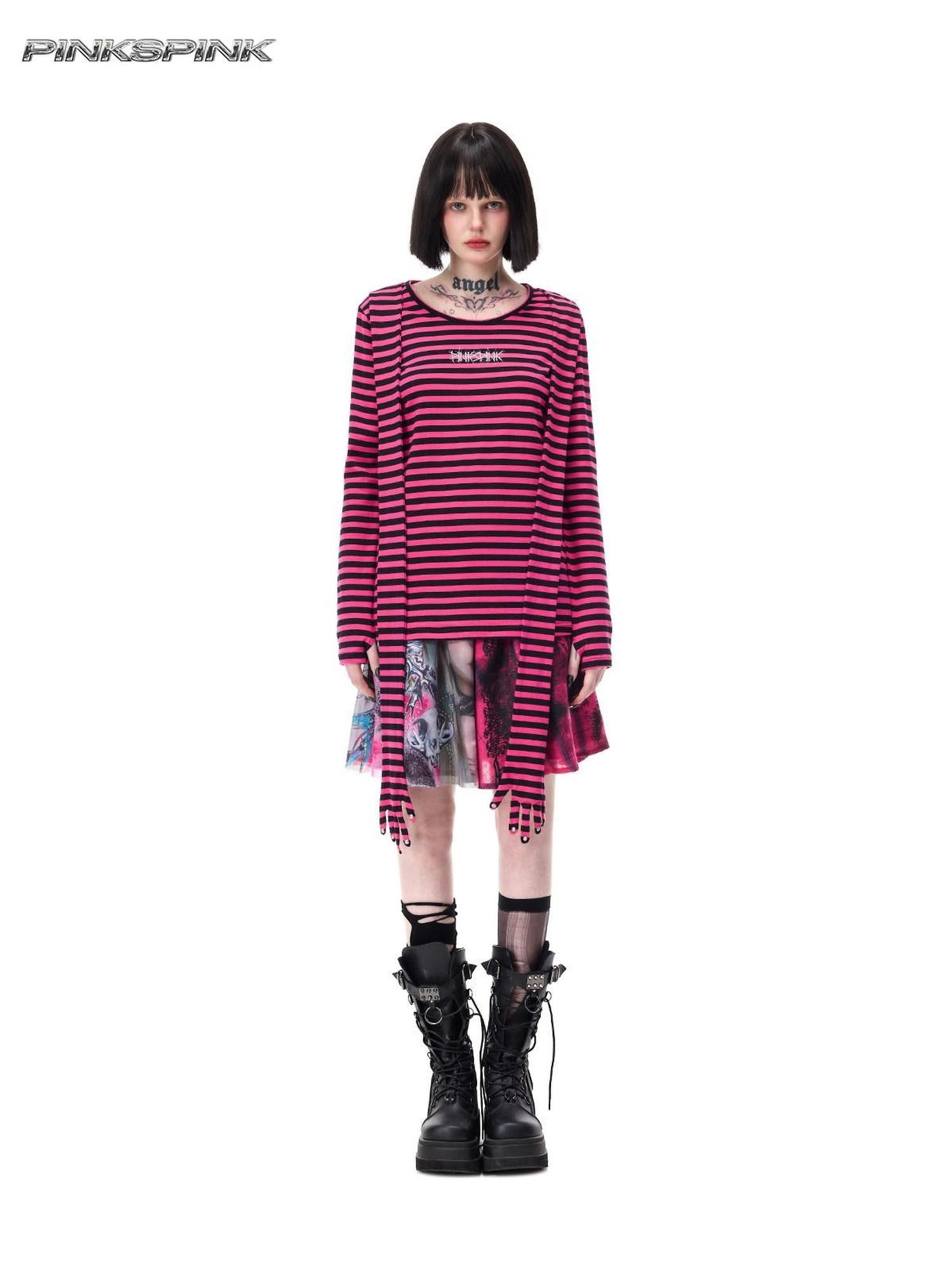 PINKSPINK Purple Pink Striped Studded Slim Fit Women's Cotton Long Sleeve T-shirts