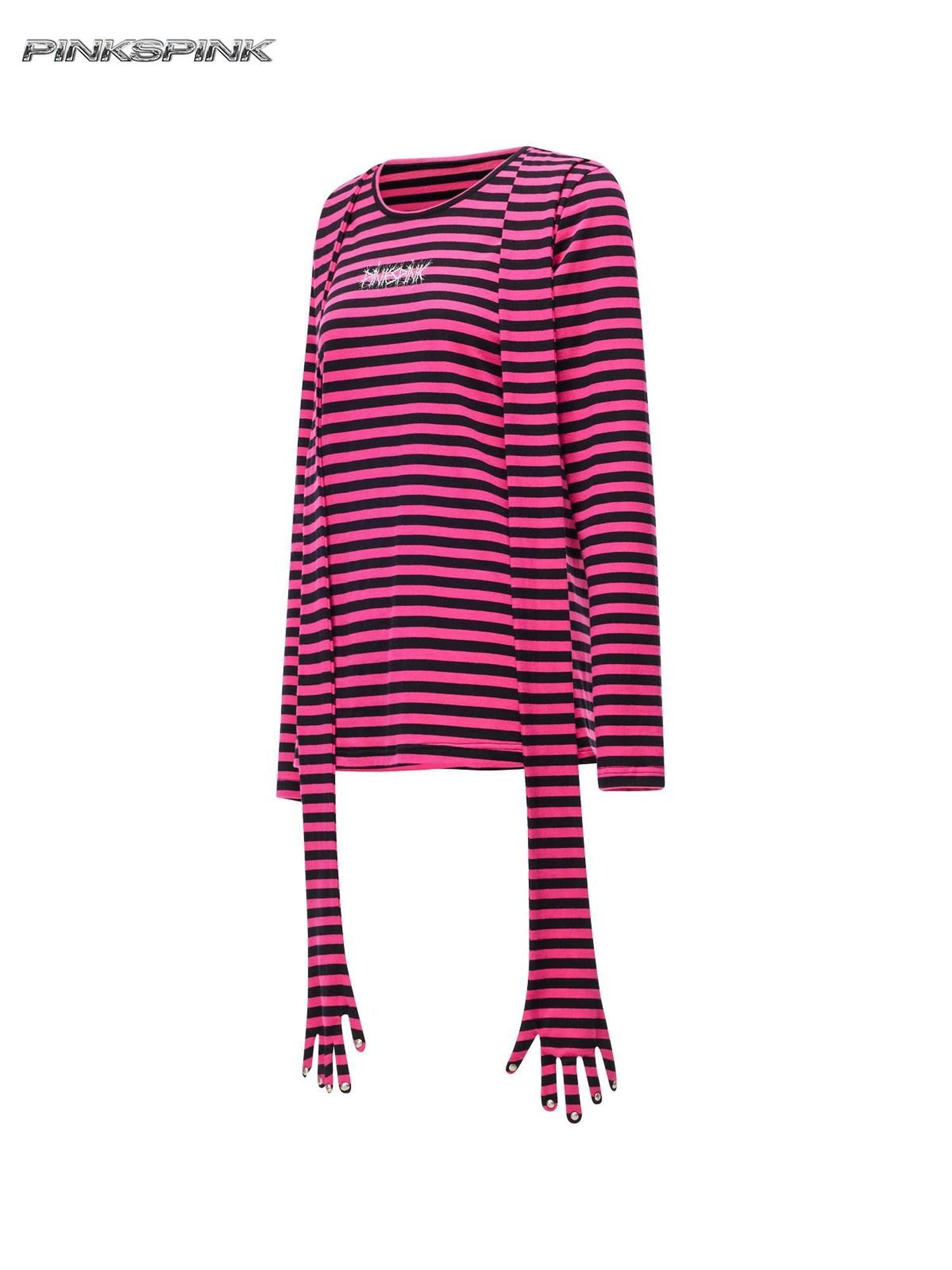 PINKSPINK Purple Pink Striped Studded Slim Fit Women's Cotton Long Sleeve T-shirts