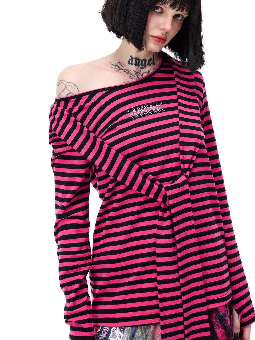 PINKSPINK Purple Striped Riveted Punk Slim Cropped Women's Cotton Long Sleeve T-shirts