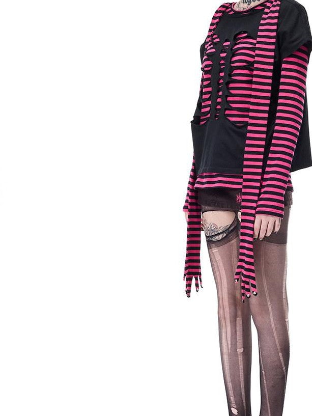 PINKSPINK Purple Striped Riveted Punk Slim Cropped Women's Cotton Long Sleeve T-shirts