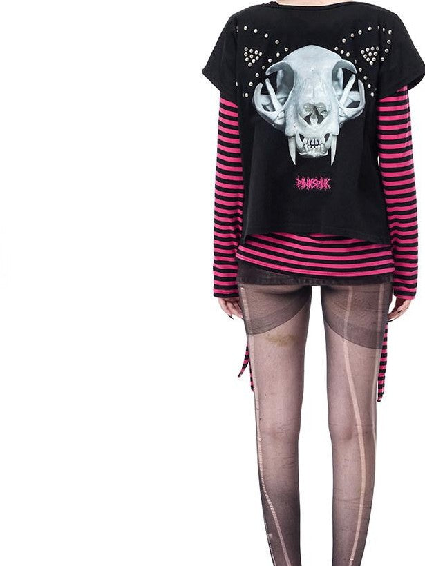 PINKSPINK Purple Striped Riveted Punk Slim Cropped Women's Cotton Long Sleeve T-shirts