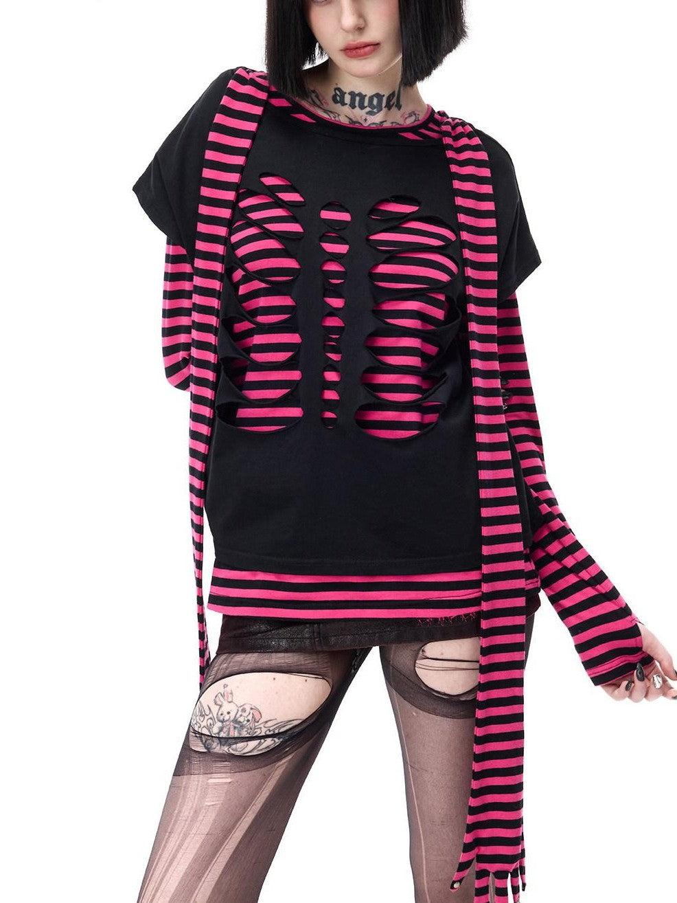 PINKSPINK Purple Striped Riveted Punk Slim Cropped Women's Cotton Long Sleeve T-shirts